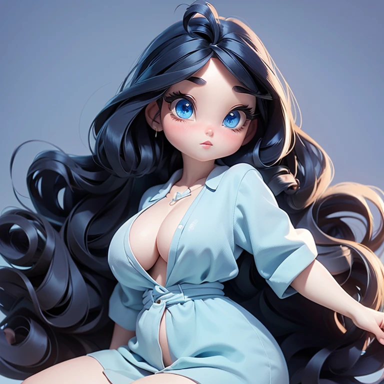(disney_artstyle), long wavy black hair, blue eyes, curvy, chubby, (small_)