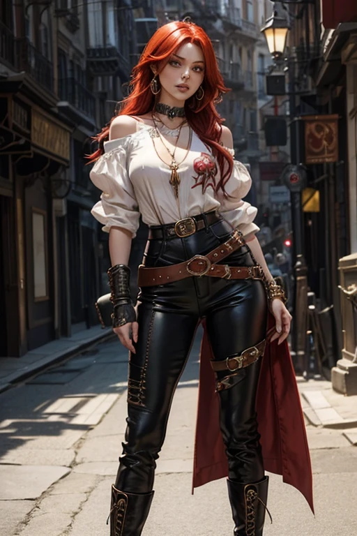 A woman with red hair and emerald eyes. She has an hourglass figure and poses dramatically. She wears a flowing white pirate shirt that sit low on her shoulders. Her pants are leather and tight with stitching down the sides of the leg. She wears tall leather pirate boots. Her jewellery is of a gypsy style.