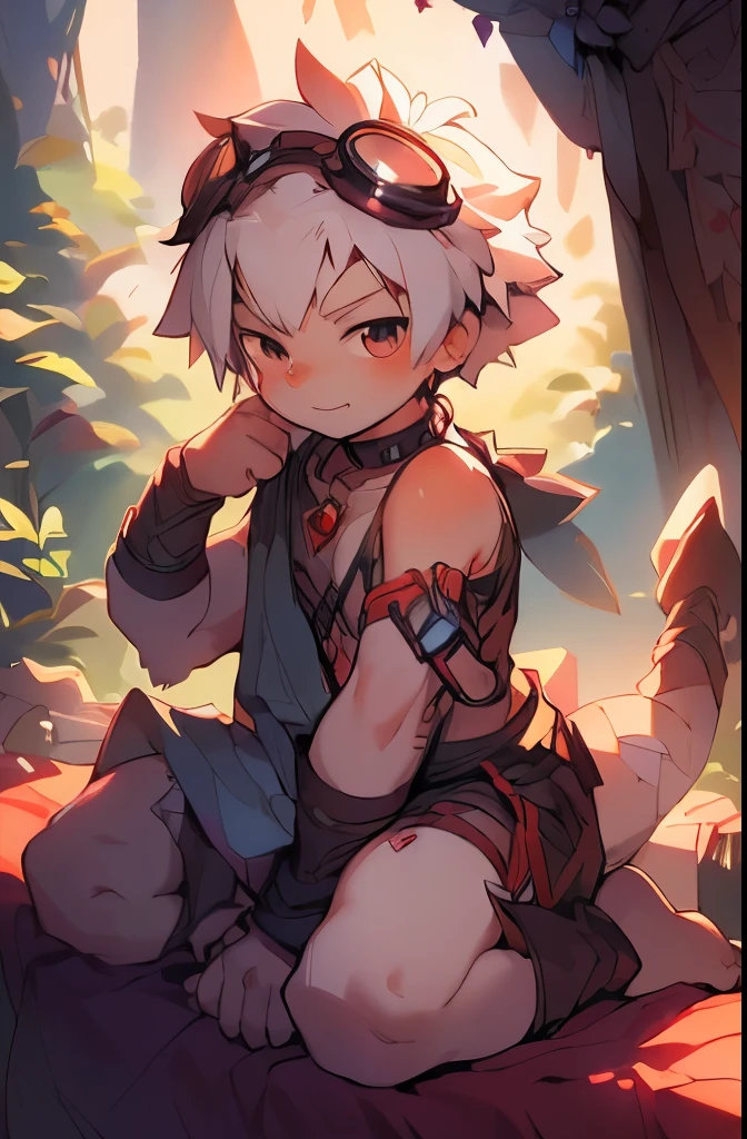 A in a beautiful and enchanting landscape,sitting under a cherry tree, Popular topics on artstation pixiv, Works of art in the style of Guwitz, Very handsome, Guviz, guweiz on artstation pixiv, young male human dragon,red scales,White hair,decorative collar,protective goggles,🧣,in a panoramic view,male people,Baby dolls,Q version for children,((Libido boy)),((author:Puinki,Artis:1.2),(author:Unreal Land,author:Kuroi Junmi,author:milkytiger1145,author:Morkey,(author:Xia Huaiting:0.8),(author:Pino Deheni:0.8),Sit down,Place your hands on the floor,looking towards the viewer,Kneeling pose,sit on a bed,adolable