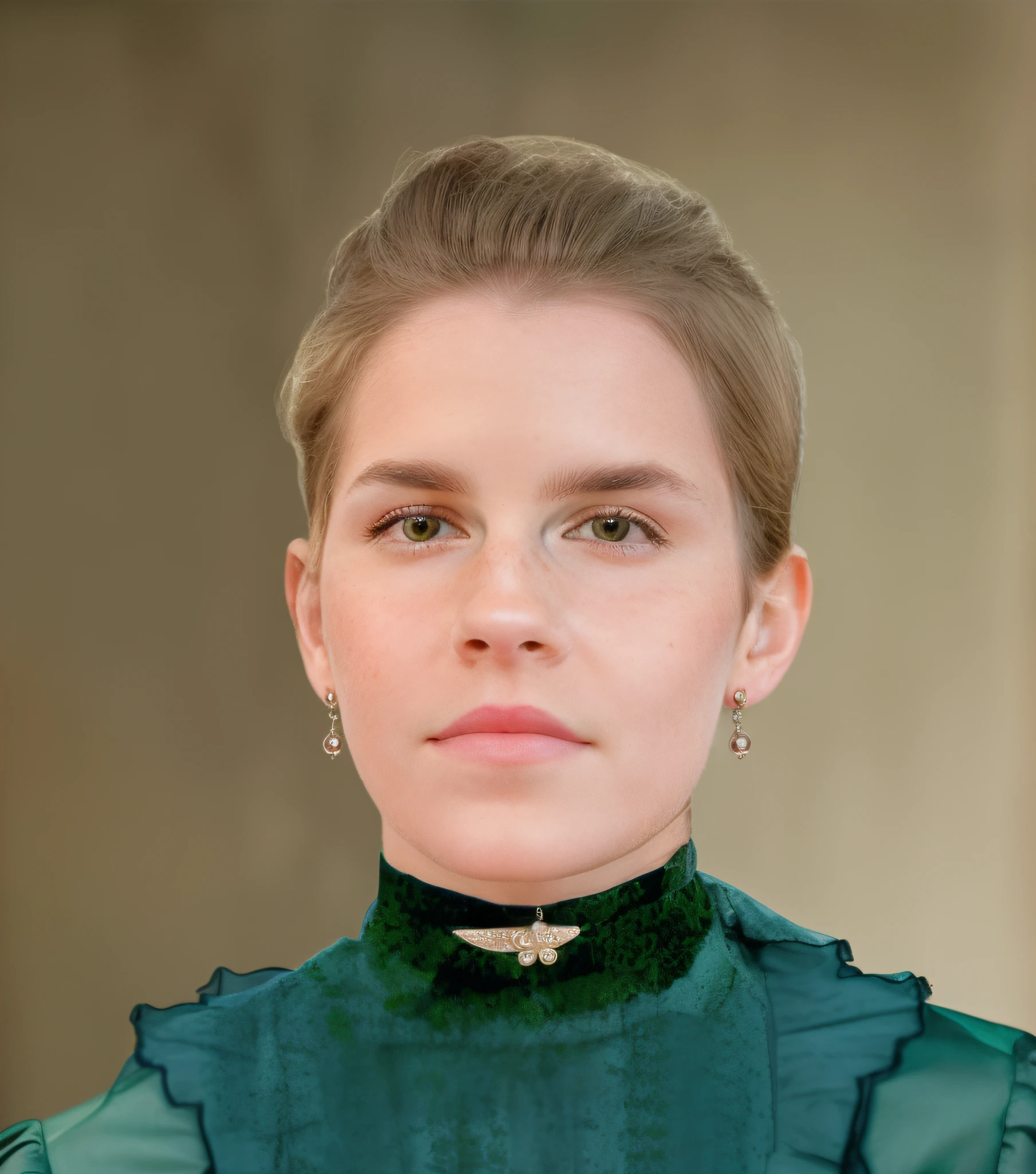 Mulher do Loire com vestido verde e saltos, looking-into-camera, rosto restaurado realista, inspirado em Thomas Millie Dow, rosto realisticamente renderizado, Antiga Rainha Emma Watson, Woman / cat hybrid, inspired by Anna Füssli, Non-style portrait of Craola, transformation portrait, inspired by Maria Johanna Görtz, rosto retocado, delicate androgynous prince