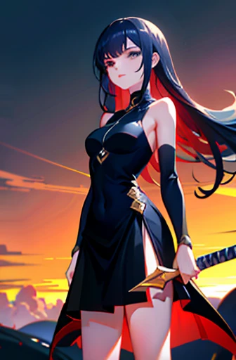 (masterpiece, top quality, best quality),1girl,top half, high detail, long dark blue hair, tight black top, giant curved sword, sunset background