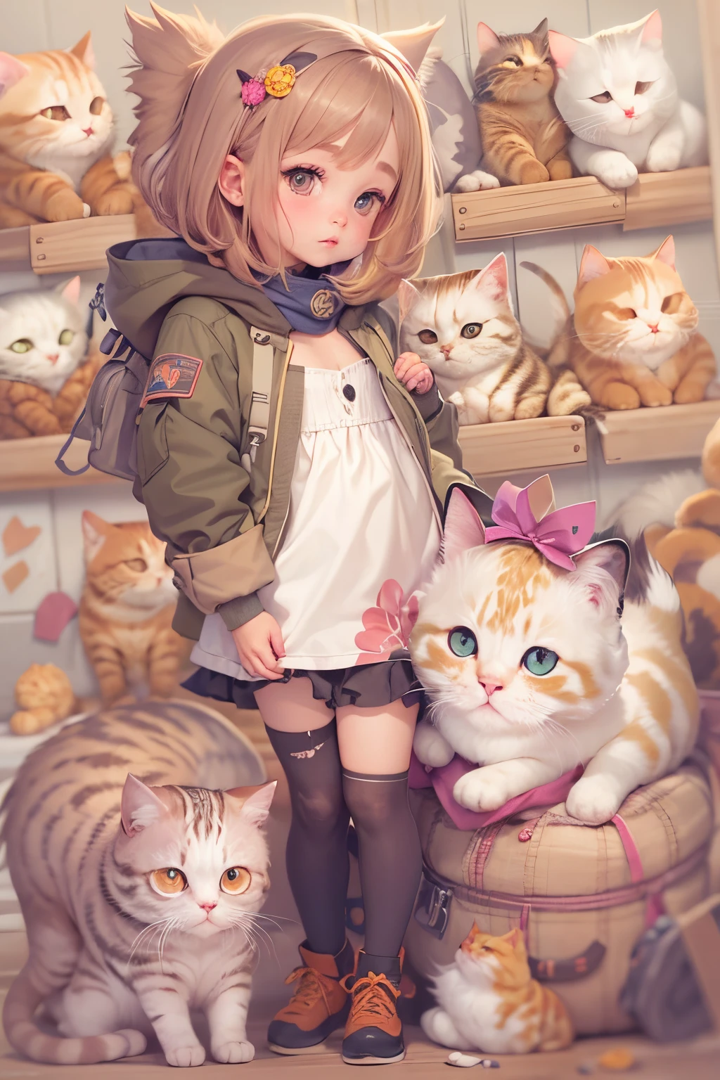 Cute little girl，short detailed hair，k hd, and a scottish fold cat.