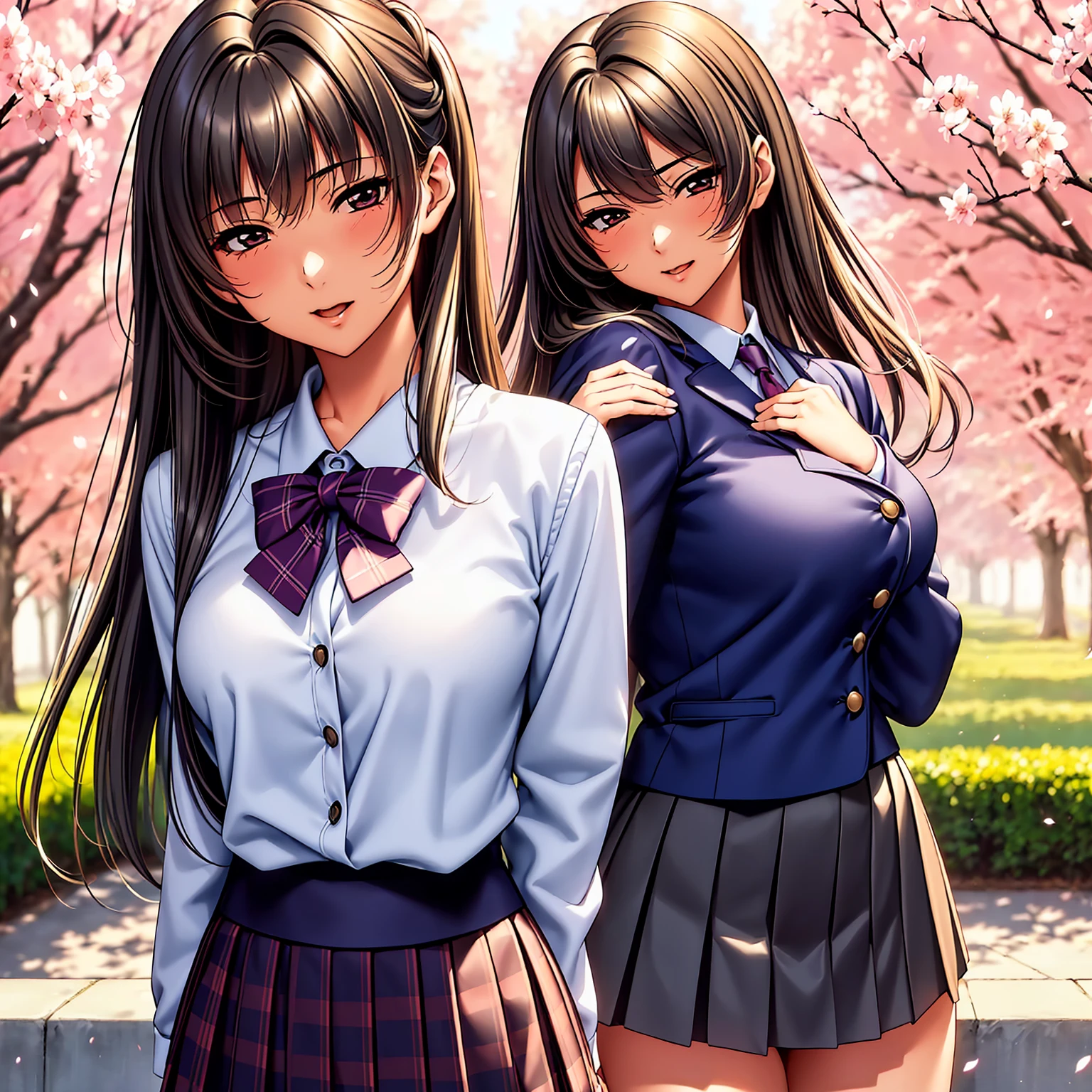 (top quality picture、masterpiece level、very high res、超A high resolution,High-quality detail)、(An 18-year-old beautiful girl with perfect and ultimate beauty.,beautiful breasts and body shape,Beautiful body,美丽的面容:1.5)、Wide variety of hairstyles,Beautiful hair,Realistic textures,beautiful colors,(Wearing a white blouse,bow ribbon,Wear a cardigan,wear a dark blue blazer,Wear a plaid pleated skirt,(Wearing a Japan high school uniform,high-school uniform,School uniform,hi-school girl,schoolgirl),has a bright smile,line of sight,Mouth opens,The wind is blowing,Hair flutters under the influence of the wind,Park at night,A path lined with flourishing cherry blossom trees,Cherry blossoms scattering,Beautiful Landscapes,(The whole body,thigh visible,accurate anatomy、extremely detailed picture、Accurate images、Perfect Image 1.5)、beautiful anime woman, Beautiful Art Style, an animated character、(The whole picture、Detailed picture、Defect-free images、natural soft light、beautiful image),(Best Shot 1.2)