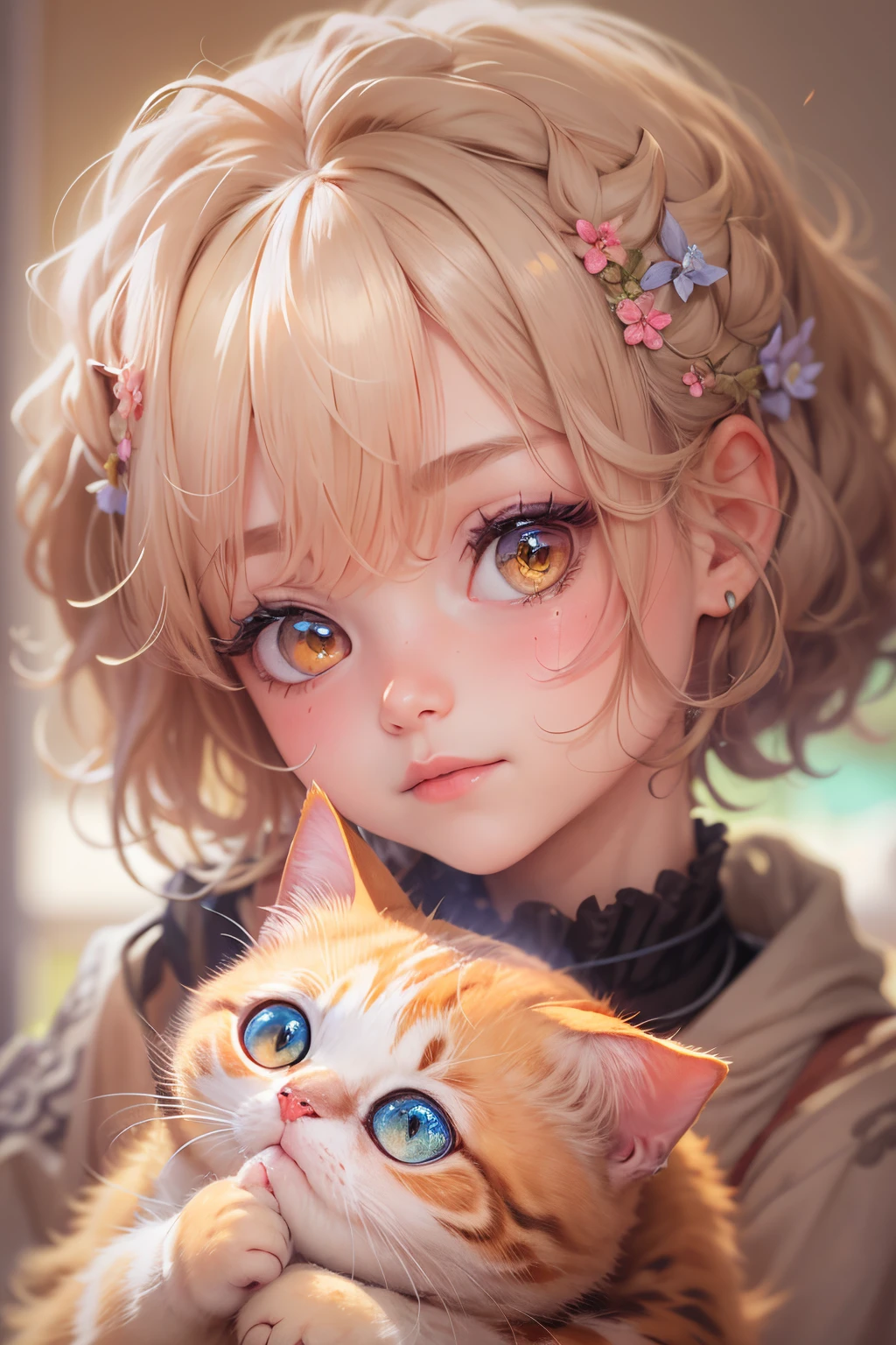 Cute  girl，short detailed hair，k hd, and a scottish fold cat.