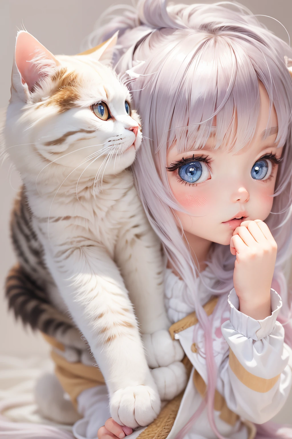 Cute little girl，long whitr hair，k hd, and a scottish fold cat.