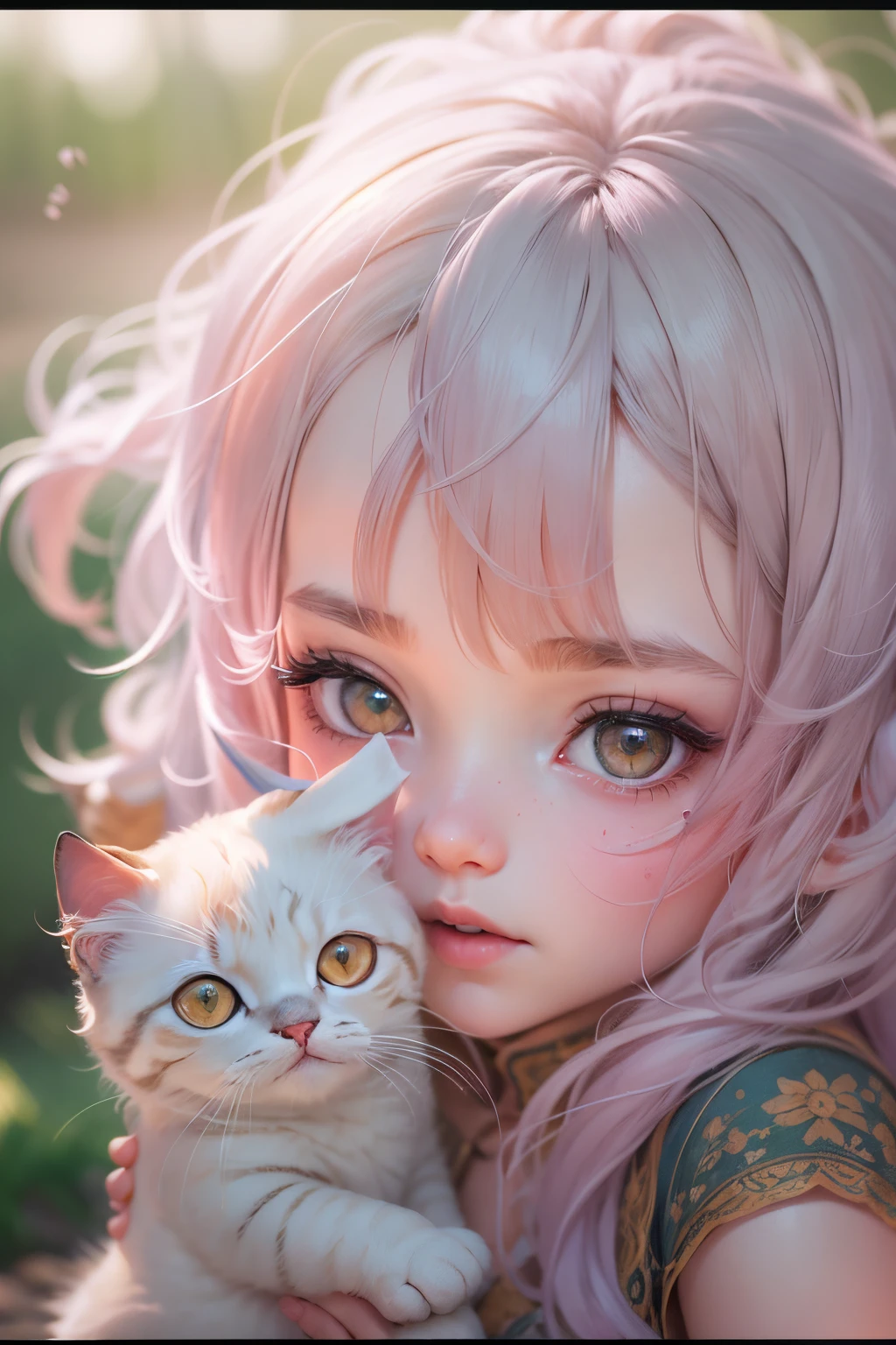 Cute little girl,long whitr hair,k hd, and a scottish fold cat.