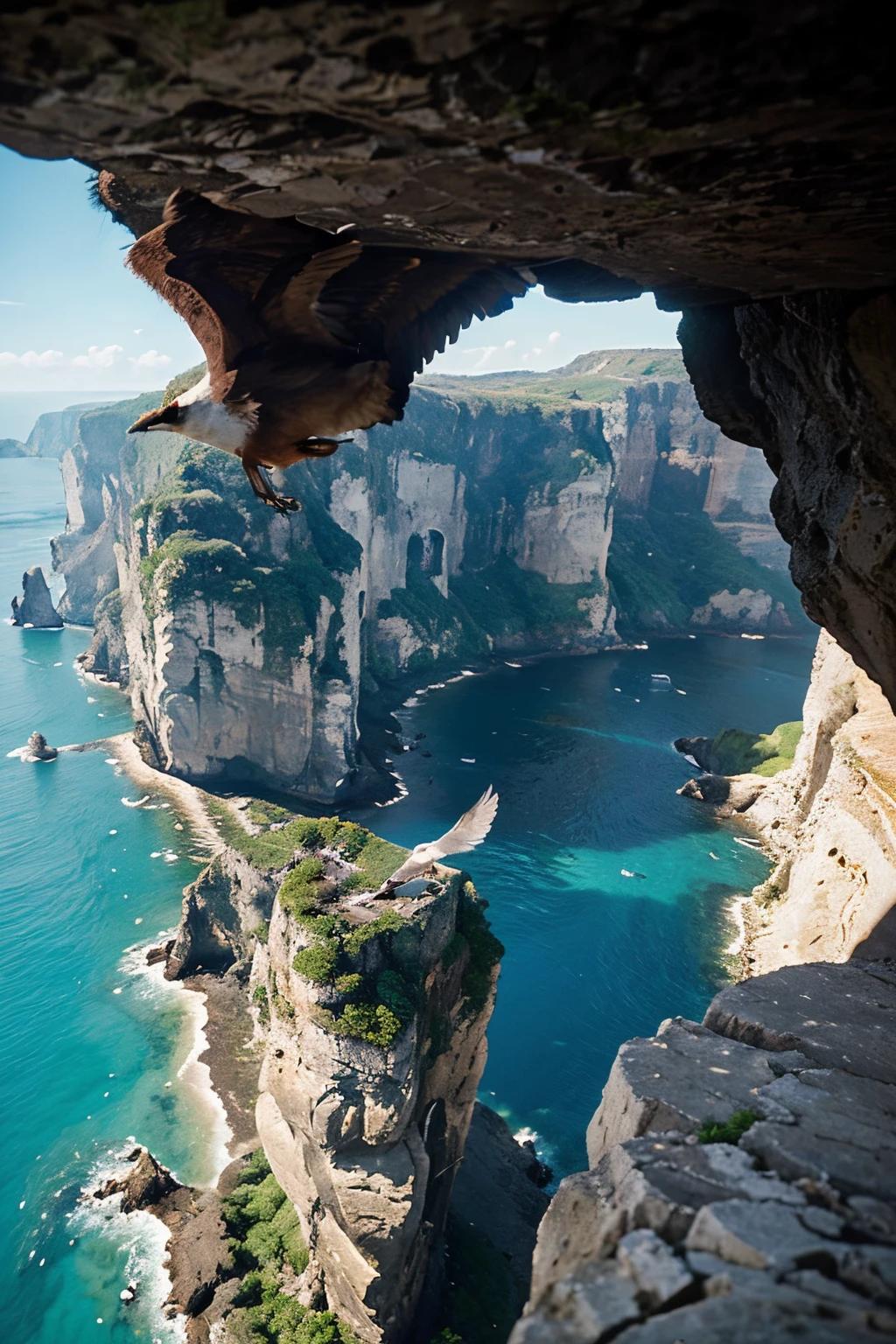 Create a 5-second animation of the bird soaring through a valley between two islands, surrounded by towering cliffs. Incorporate echoes of the bird's wings against the rock walls, adding a touch of grandeur to the journey ghibli animation style