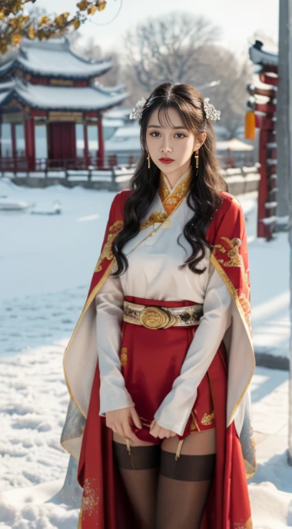 yuzu,houtufeng,fantasy,Masterpiece,top quality,1 girl,(snow:1.2),exquisite details,high quality,8k,wet clouthes,(wavy hair:1.2),bracelet,(falling snowflakes on my body:1.2),(shiny lipstick:1.1),Long Black Hair,(messy hair:1.2),(large scene:1.2),(red chinese clothes:1.4),(cape:1.2),Long Legine fabric emphasis:1.2),ribbon,hoop earrings,belt,Beautiful Custom Figure,(1 Girl),pantyhose, a delicate background,realistic writing,photography base,beautiful scenery,dynamic light,light and shadow effects,(outdoors:1.2),garter straps,glove,