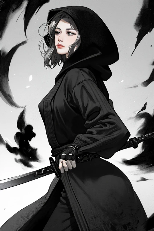 solo, western illustration, cowboy shot, 1 adult female, light red eyes, pupils, hood up, shadowed face, nihonga style, black ink drawing, holding longsword, sword focus front, nazgul, strong colouring, , graphite (medium), standing, dynamic angle, medium breasts, medium loose hair, [[light particles, depth of field]], lips, nose, dynamic pose, clear skyline, armoured gauntlet,