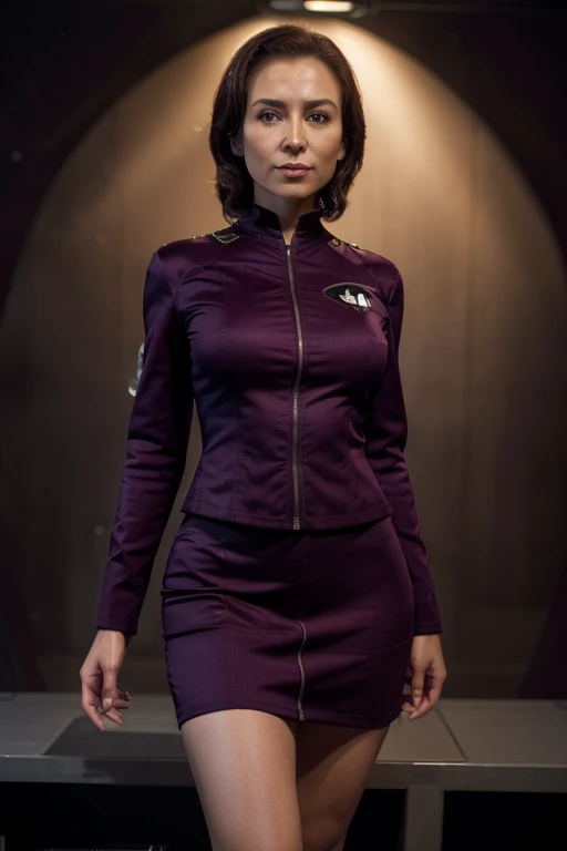 (best quality:1.2,ultra-detailed,realistic:1.37),major Kira from deep Space Nine,
skirt,detailed face,
confident expression,
uniform,fitted clothing,
standing pose,legs crossed,
starship corridor background,
sci-fi style,studio lighting,
deep colors,moody atmosphere