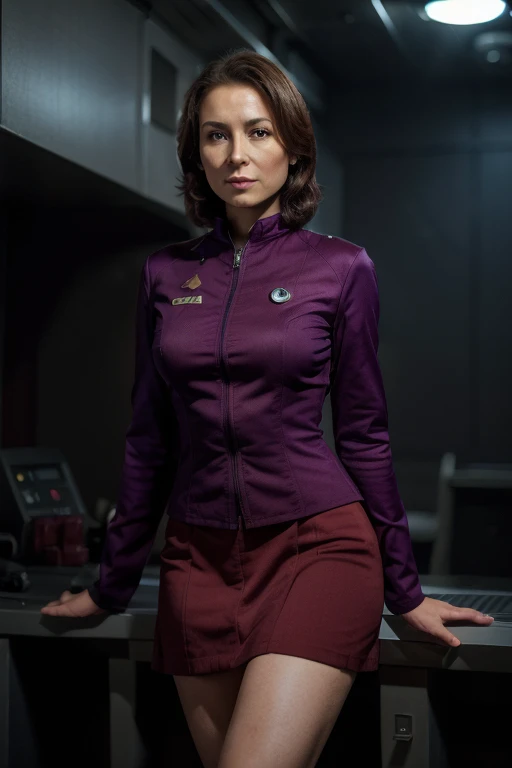(best quality:1.2,ultra-detailed,realistic:1.37),major Kira from deep Space Nine,
skirt,detailed face,
confident expression,
uniform,fitted clothing,
standing pose,legs crossed,
starship corridor background,
sci-fi style,studio lighting,
deep colors,moody atmosphere