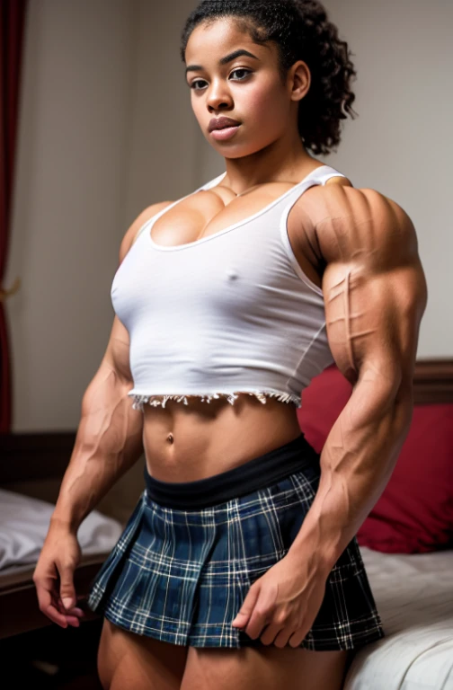 13 year old Ashley banks, extremely muscular thick neck muscles,  giant neck muscles, A heavily muscled iffb pro female bodybuilder,  huge trapezius muscles,  neck muscles pretrudes wider than her head, bulging neck muscles,  tiny breasts, ,   close up portrait.,front view, looking at floor, where a young prostitute sits on the edge of the bed,, plaid miniskirt, White shirt, torn shirt, midriff, torn top, breast exposed, (very detailed clothing: 1.2), (highly detailed background: 1.hotorealistic, 1girl, Fishnet, torn clothes, masterpiece, best quality, highly detailed. (winning photo: 1.2), JP SCHOOL UNIFORM,22 YEARS OLD,FACE,LOOKING AT VIEWER, torn clothes, cloth pieces, catholic school uniform