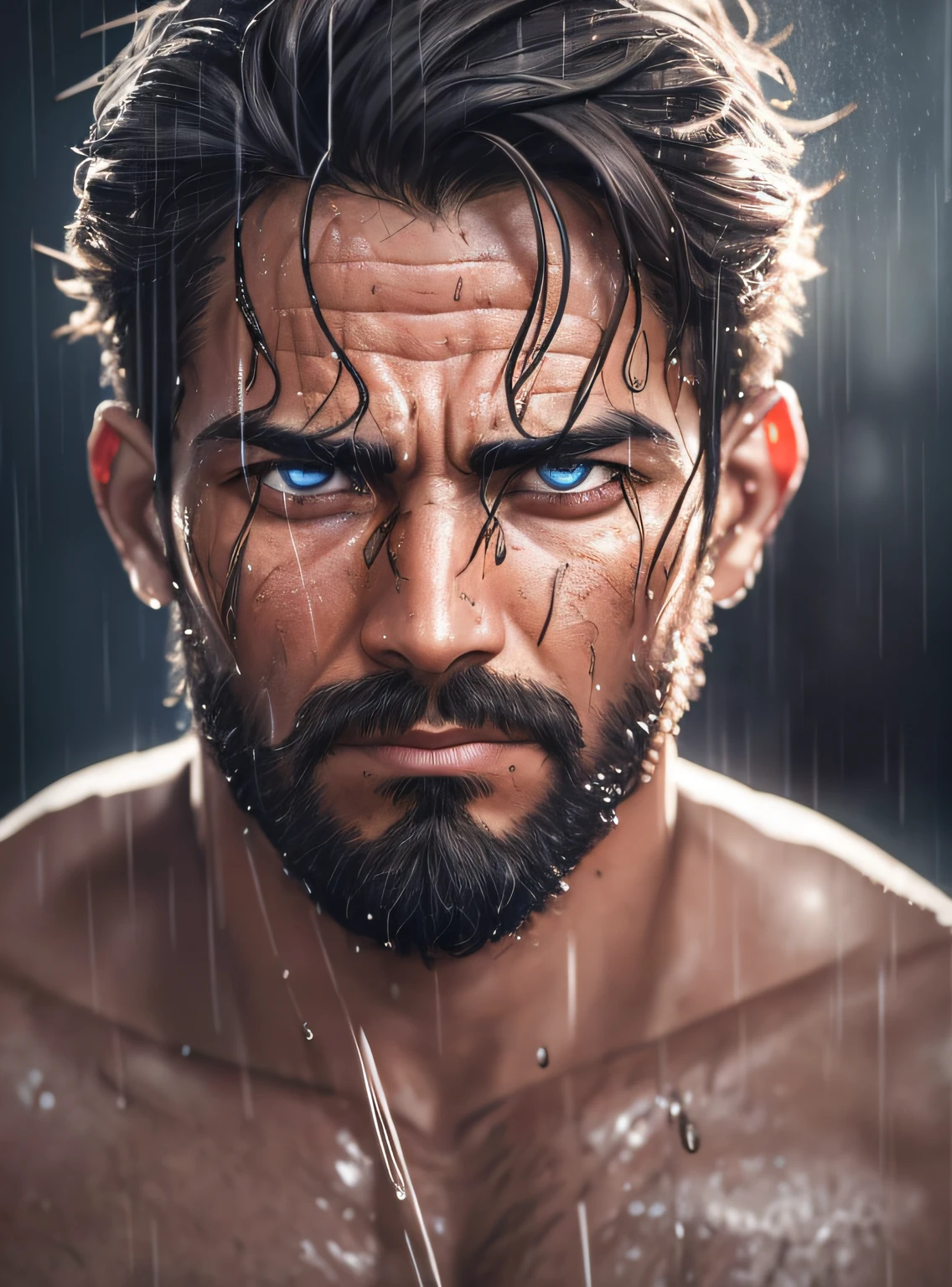 Man, bearded, front, front, sweaty, tired face, muscular, indignant, wet, training, Camera away, (focus sharp:1.2), an award-winning photo of a suffering fighter, portrait, drops of water, expression of tiredness, 30 years old, storm outside, lightning backlighting, , lines on the face, wrinkles, extremely detailed skin, sadness, brown skin, hopelessness, beautiful and cloudy eyes,  (deep shadows:1.1), high contrast, absurd, 8k, (high quality: 1.3),, artstation hd, concept art, detailed face and body, award-winning photography, (Poor lighting-humored:1.2), depth of field, bokeh, 4K, Hdr, bad guy, war, mud, dirty