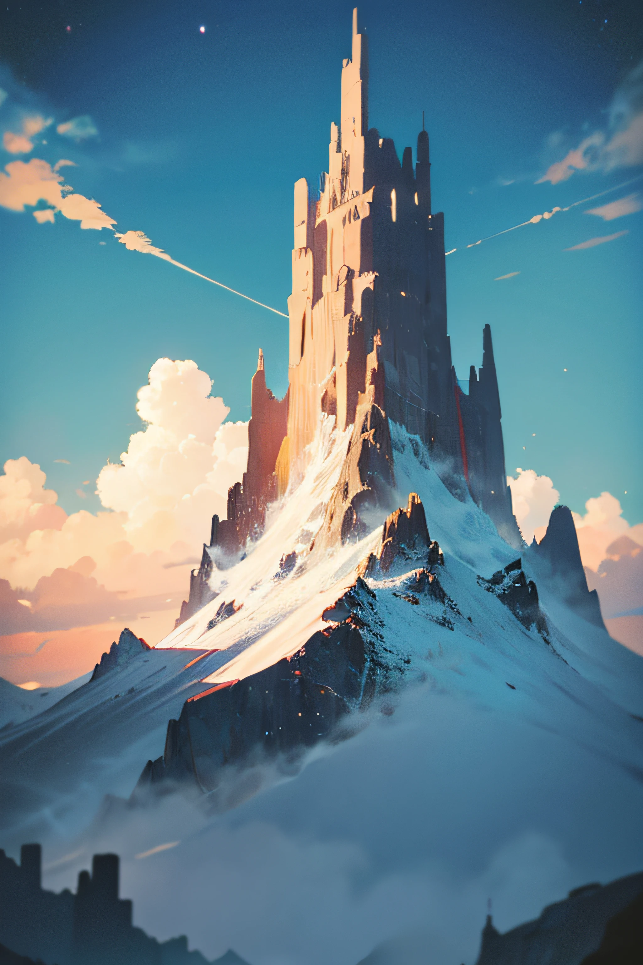 sci fi citadel between the broken halves of a mountain make the citadel smaller and the mountain bigger