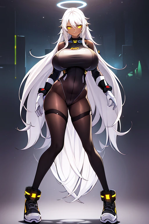 1girl, dark skin, dark-skinned female, white hair, long hair, yellow eyes, large breasts, breasts, wide hips, smug, smirk, smile, bodysuit, black bodysuit, pantyhose, black pantyhose, shoes, sneakers, futuristic, tech, science-fiction, neon trim, white neon trim, white trim, full body