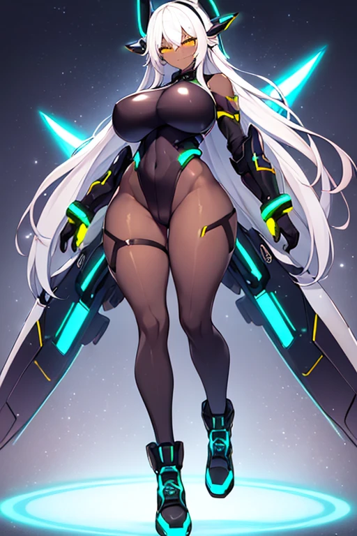 1girl, dark skin, dark-skinned female, white hair, long hair, yellow eyes, large breasts, breasts, wide hips, smug, smirk, smile, bodysuit, black bodysuit, pantyhose, black pantyhose, shoes, sneakers, futuristic, tech, science-fiction, neon trim, white neon trim, white trim, full body