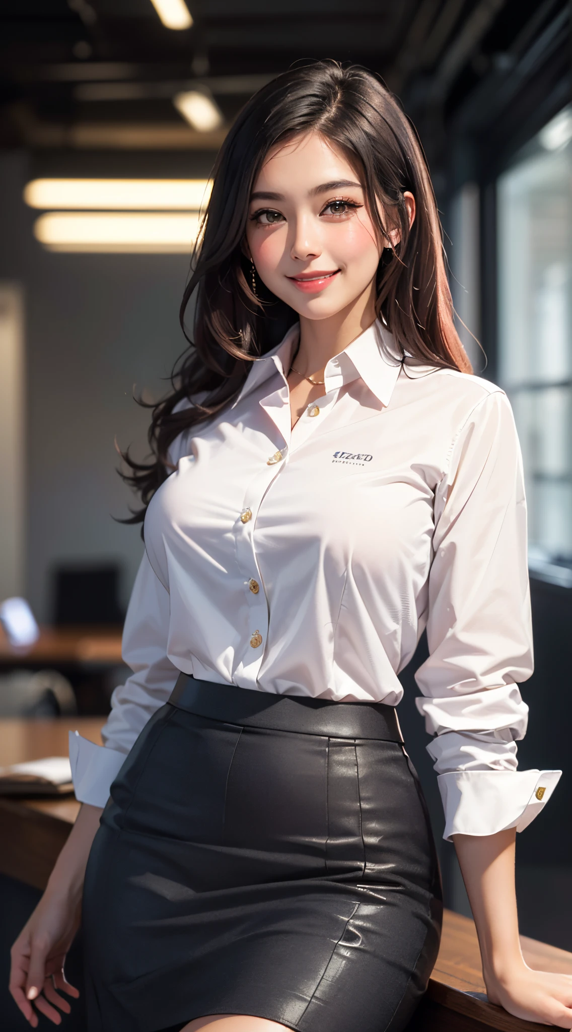 (UHD, retina, masterpiece, ccurate, anatomically correct, textured skin, super detail, high details, high quality, best quality, highres, 1080P, HD, 4K, 8k, 16k), (beautiful detailed eyes, beautiful detailed lips, extremely detailed eyes and face), studio lighting, physically-based rendering, vivid colorig tits, super big tits, super extra big tits, glamorous body), (business skirt suit, business shirt:1.5), (portrait, shiny hair, shiny skin), (bokeh), (tilt your head to the side:1.5), eye reflection, (blush, smile:1.5),