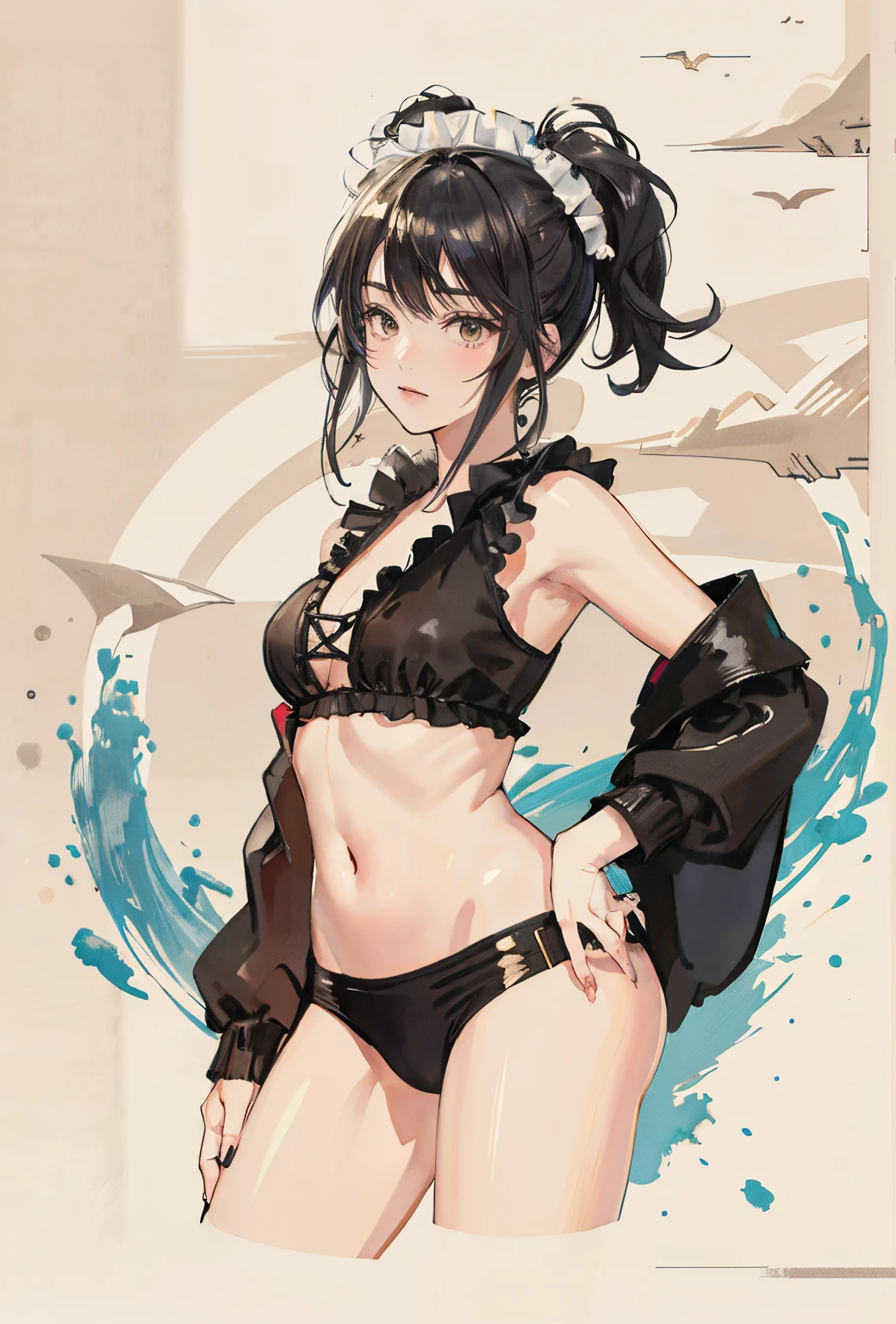 (8k、qualidade superior、obra prima、超A high resolution: 1.2) 、Foto de uma mulher bonito、O corpo voltado para frente、a parte superior do corpo、put hands on the hip:1.1、um bob curto:1.1、inexpressivo、wearing a colorful bikini:1.1、jaquetas de couro:0.9、Corpo tonificado e esguio:1.1、cabelos flutuantes、desert and ruins background