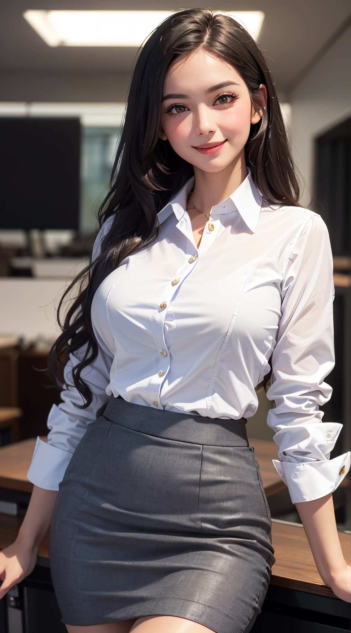 (UHD, retina, masterpiece, ccurate, anatomically correct, textured skin, super detail, high details, high quality, best quality, highres, 1080P, HD, 4K, 8k, 16k), (beautiful detailed eyes, beautiful detailed lips, extremely detailed eyes and face), studio lighting, physically-based rendering, vivid colorig tits, super big tits, super extra big tits, glamorous body), (business skirt suit, business shirt:1.5), (portrait, shiny hair, shiny skin), (bokeh), (tilt your head to the side:1.5), eye reflection, (blush, smile:1.5),