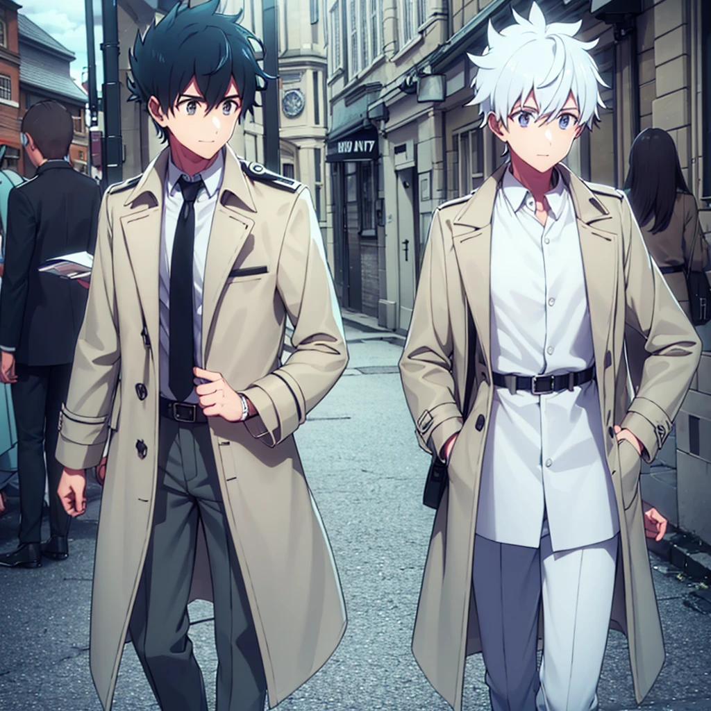 Khaki long trench coat，Off-white pants，grey boots，White color blouse，black necktie，Wearing a sky blue smart watch on the left hand，176 cm，male people，Doctor by profession，medium long curly hair，The background  the streets of London, England，Students，