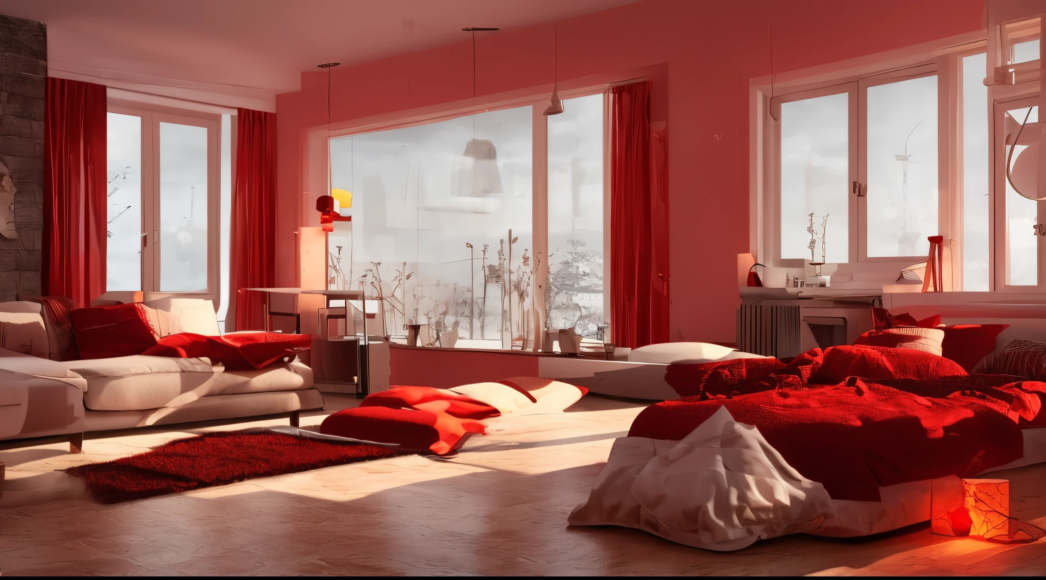 room, cozy, light, winter, red, night, anime style