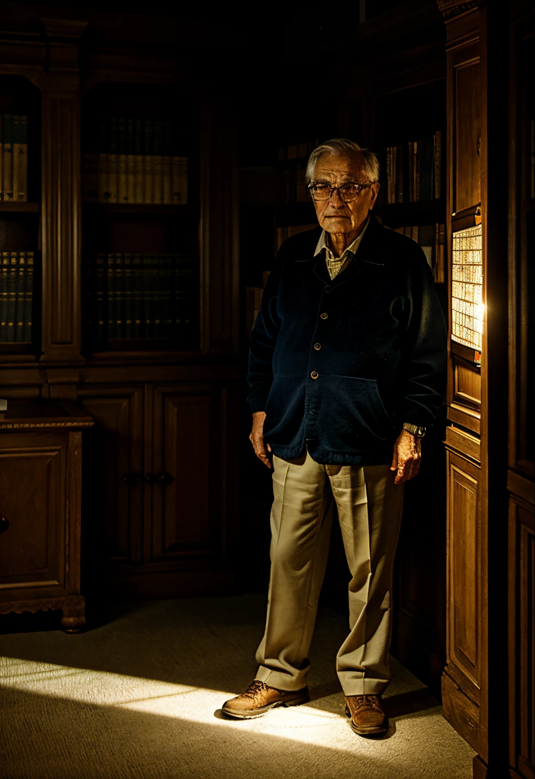 A wise old man standing in front, illuminated by the light of a lamp, against the backdrop of a library
