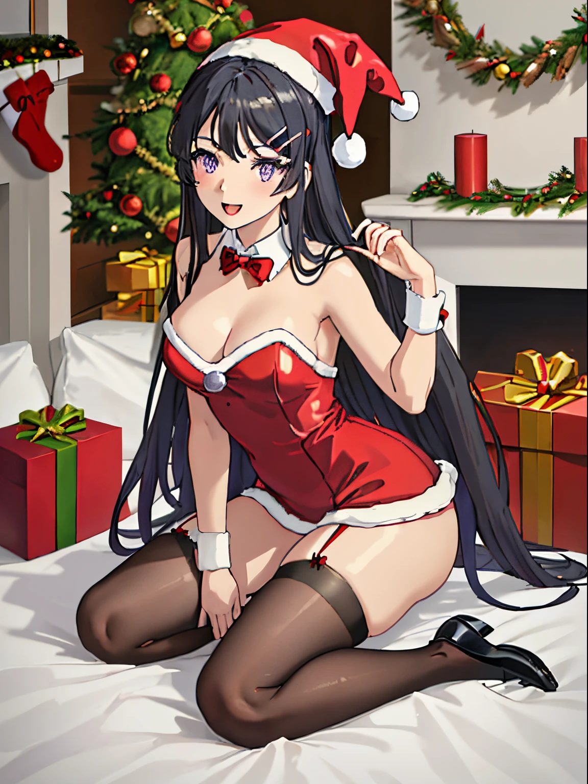 Best quality, Masterpiece, High Resolutions, only, {Sakurajima_mai:1.15}, long_hair, black_hair, hair_ornament, hair clip, purple_eyes, rabbit_hair_ornament, blue_eyes, bangs, corbena, 1girl, open_mouth smiling, separate white collar, red bow tie, White socks, dinamic pose, christmas background, Christmas decoration, santa claus hat, sexy santa claus red bell dress, sexy santa claus red bell dress, sexy santa claus red bell dress, kneeling, view front, front view,