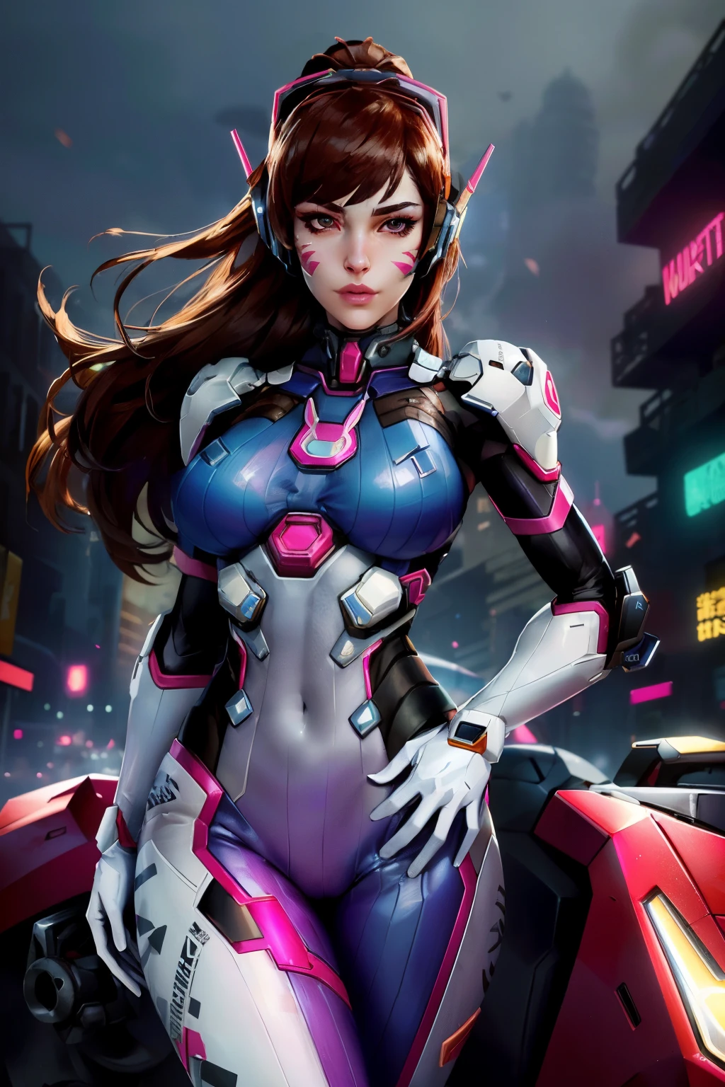 (masterpiece, best quality, ultra detailed, absurdres)1.5, 1girl, (sexy, beautiful woman, perfect face, perfect eyes, perfect female body, huge breasts)1.5, (dvaover, d.va \(overwatch\), long hair, brown hair, swept bangs, headphones, blue bodysuit, ribbed bodysuit, pilot suit, bunny print, v, whisker markings, facepaint, white gloves, facial mark, pink lips, high collar, shoulder pads, ), (standing, meverwatch\), robot, science fiction, Korean city in background, night sky), perfect lighting, smooth, hdr