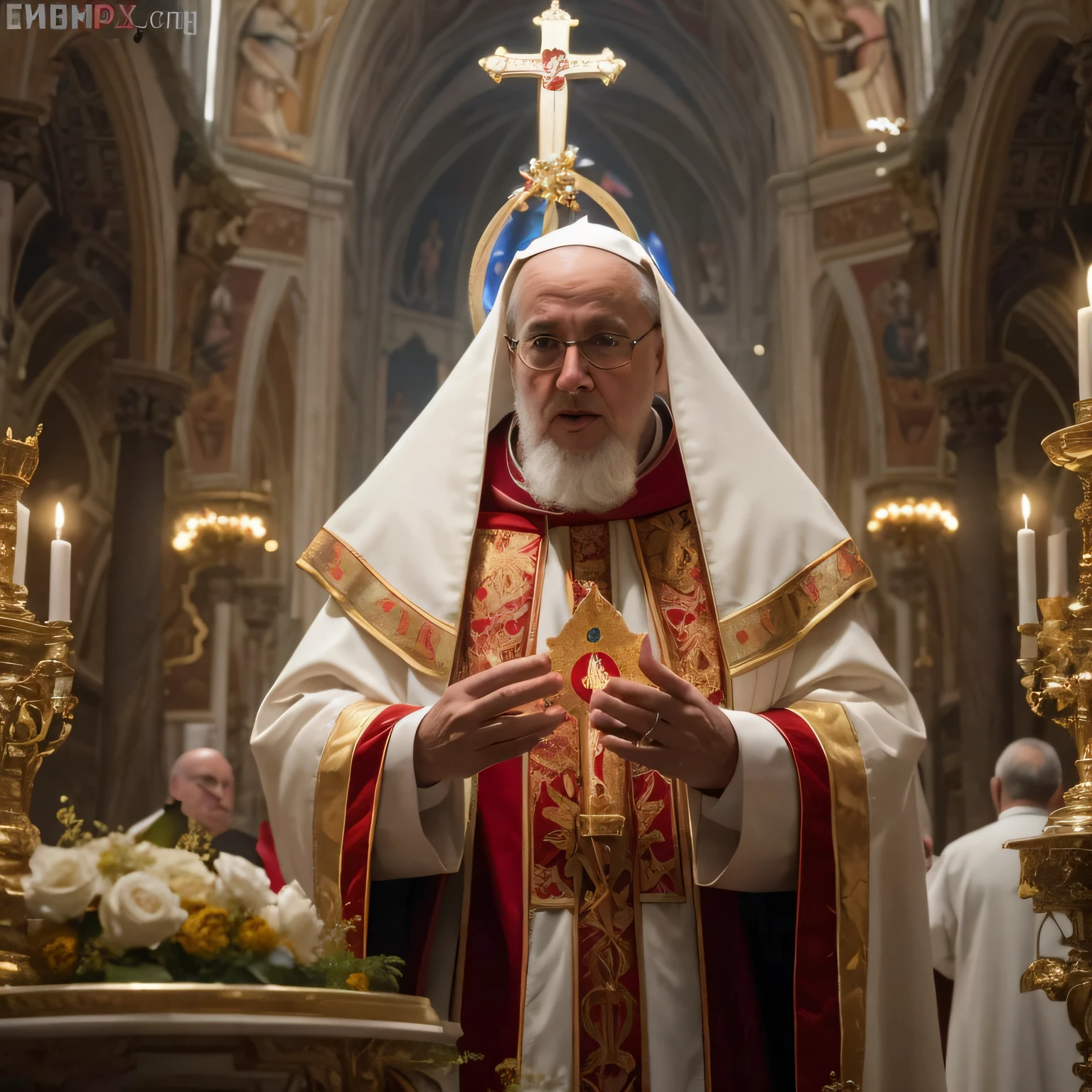 padre arafiado em vestes vermelhas e brancas segurando uma cruz em uma igreja, O Papa, Culto ao Papa, an evil catholic priest, totalmente vestido com vestes vermelhas, Catholic, holy themed, mistura de estilo do Vaticano, papa, Sacrilegious rite, sacerdote, dragon pope, catholicpunk, em frente ao altar, dressed like a cleric