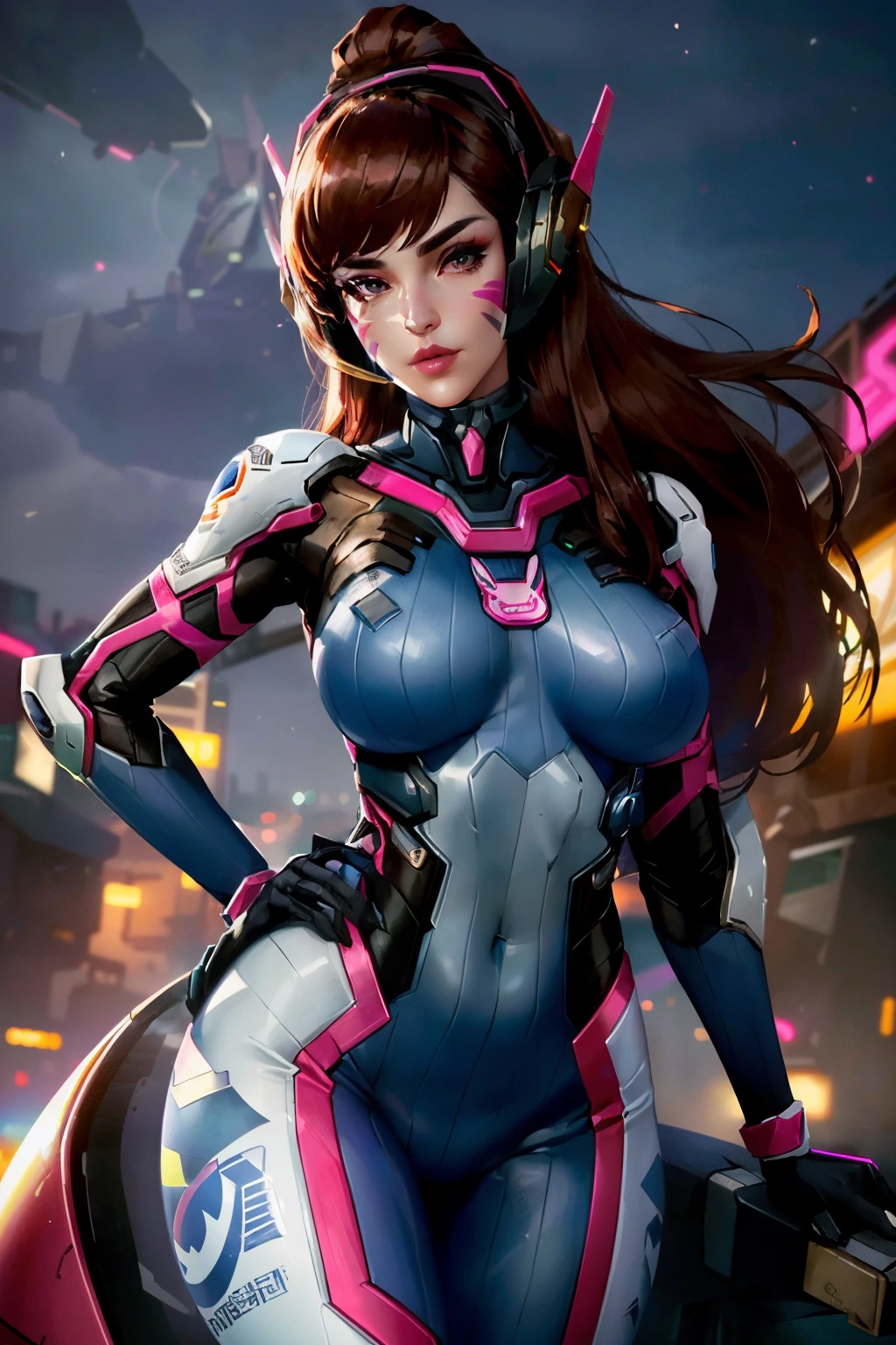 (masterpiece, best quality, ultra detailed, absurdres)1.5, 1girl, (sexy, beautiful woman, perfect face, perfect eyes, perfect female body, huge breasts)1.5, (dvaover, d.va \(overwatch\), long hair, brown hair, swept bangs, headphones, blue bodysuit, ribbed bodysuit, pilot suit, bunny print, v, whisker markings, facepaint, white gloves, facial mark, pink lips, high collar, shoulder pads, ), (standing, meverwatch\), robot, science fiction, Korean city in background, night sky), perfect lighting, smooth, hdr