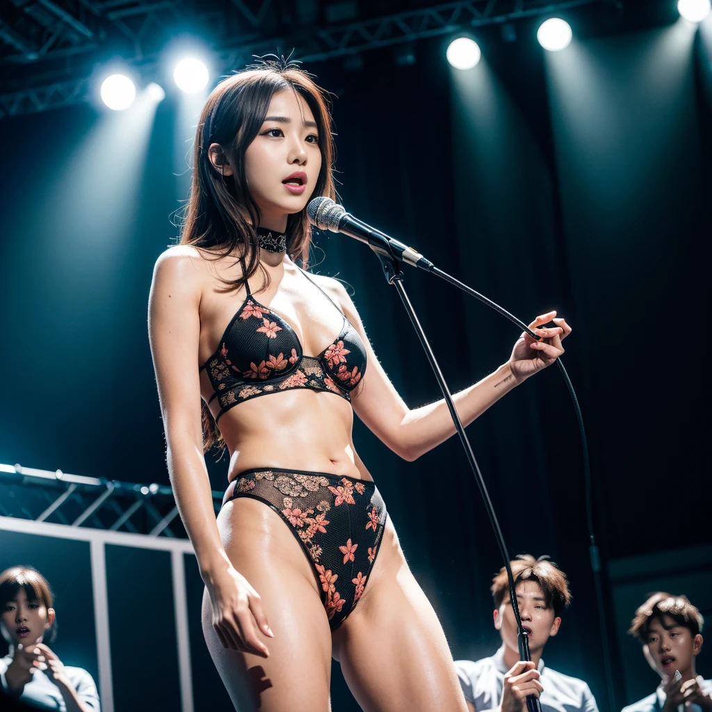 Best quality, masterpiece, ultra high res, photorealistic, raw photo, Kpop idols performing on stage, naked, in the dark, deep shadow, low key, cold light