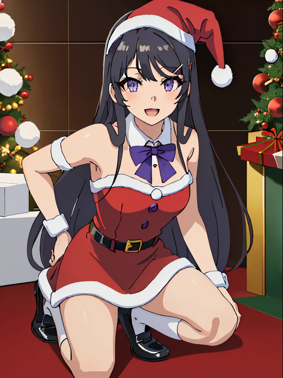 Best quality, Masterpiece, High Resolutions, only, {Sakurajima_mai:1.15}, long_hair, black_hair, hair_ornament, hair clip, purple_eyes, rabbit_hair_ornament, blue_eyes, bangs, corbena, 1girl, open_mouth smiling, separate white collar, red bow tie, White socks, dinamic pose, christmas background, Christmas decoration, santa claus hat, sexy santa claus red bell dress, sexy santa claus red bell dress, sexy santa claus red bell dress, kneeling, view front, front view,