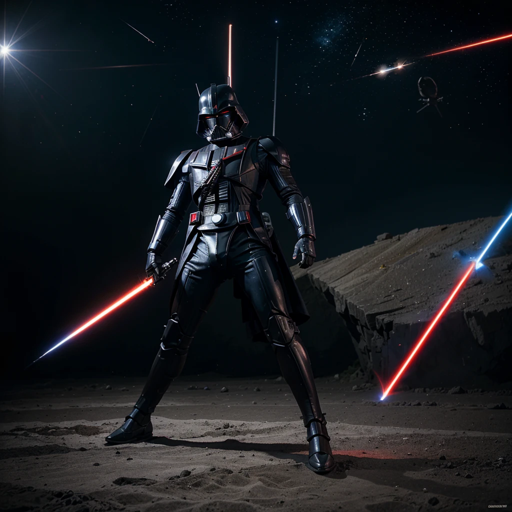 Gundam fights Darth Vader,in space,Use a laser sword in battle.,full body image,Sword duel