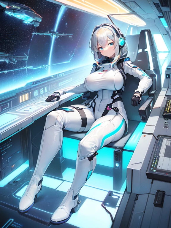 ​masterpiece:1.4, 1girl in ((20yr old, Wearing a futuristic white and silver costume, Tight Fit Bodysuit, long boots, Very gigantic-breasts, Multicolored blonde hair, a short bob, Perfect model body, Blue eyes:1.2, Wearing headphones, Looking out the window of the futuristic sci-fi space station、While admiring the beautiful galaxy:1.2, SFSF control room on night background:1.1, Neon and energetic atmosphere:1.2)) ((Galaxy))