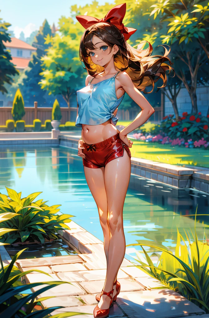 1girl, low ponytail, shiny hair, parted bangs, garden, full body, smile, (nipple contour:1), hand on hip, slim body,
(Thin waist:1.2), red bow, white camisole, midriff, (childbearing hips:1.3), standing, shorts, arched back, blue eyes, brown skin, tiptoe, perky breasts