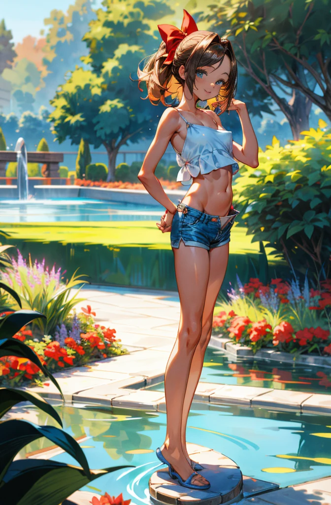 1girl, free hair, shiny hair, parted bangs, garden, artificial pond, full body, smile, (nipple contour:1), hand on hip, slim body,
(Thin waist:1.2), red bow, white camisole, midriff, (childbearing hips:1.3), standing, shorts, arched back, blue eyes, brown skin, tiptoe, perky breasts