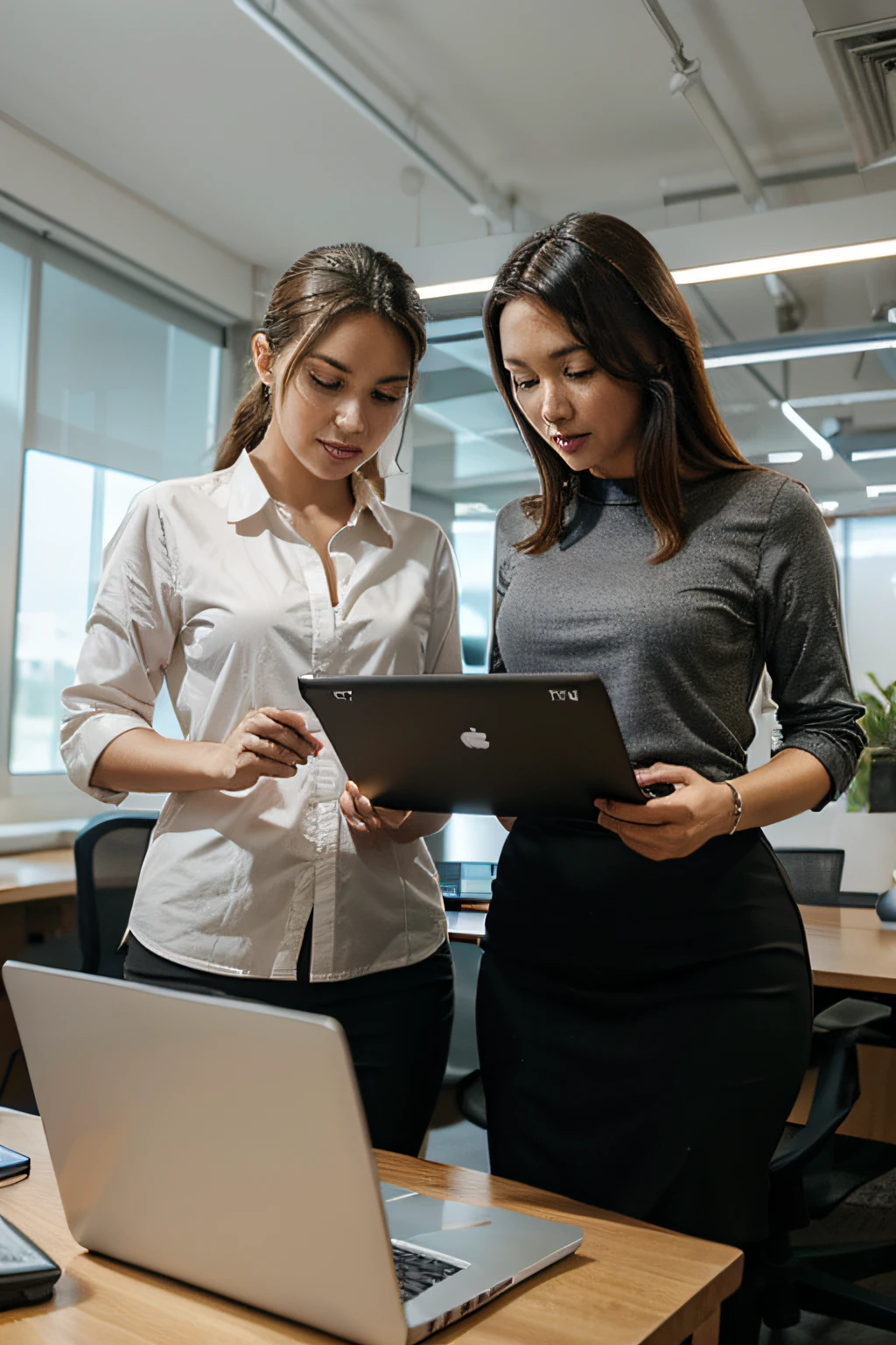 Two businesspeople using a laptop together in an office