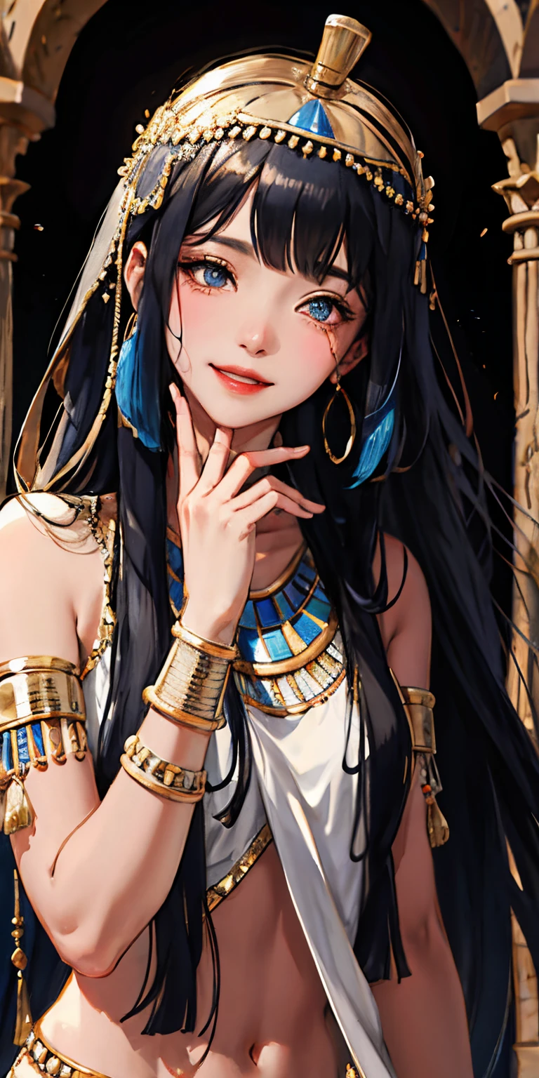 realistically、ancient Egyptian、Cleopatra style girl、pharaoh clothing、A little emphasis on the valley、face the reality、Youn、you have a smile on your face