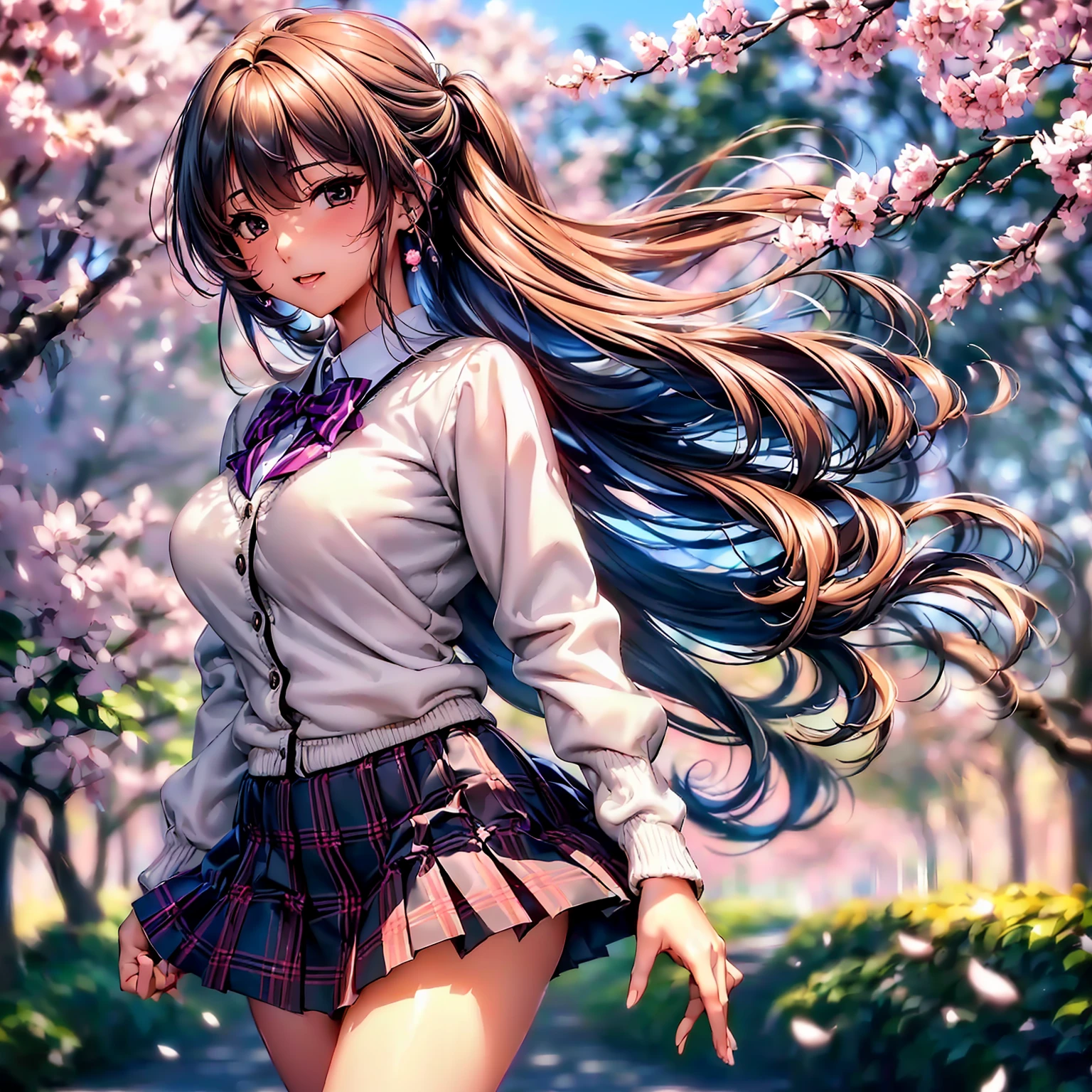 (top quality picture、masterpiece level、very high res、超A high resolution,High-quality detail)、(An 18-year-old beautiful girl with perfect and ultimate beauty.,beautiful breasts and body shape,Beautiful body,美丽的面容:1.5)、Wide variety of hairstyles,Beautiful hair,Realistic textures,beautiful colors,(Wearing a white blouse,bow ribbon,Wear a cardigan,wear a dark blue blazer,Wear a plaid pleated skirt,(Wearing a Japan high school uniform,high-school uniform,School uniform,hi-school girl,schoolgirl),has a bright smile,line of sight,Mouth opens,The wind is blowing(The wind blows and the skirt flaps 1.2),Hair flutters under the influence of the wind,Park at night,A path lined with flourishing cherry blossom trees,Cherry blossoms scattering,Beautiful Landscapes,(The whole body,thigh visible,accurate anatomy、extremely detailed picture、Accurate images、Perfect Image 1.5)、beautiful anime woman, Beautiful Art Style, an animated character、(The whole picture、Detailed picture、Defect-free images、natural soft light、beautiful image),(Best Shot 1.2)