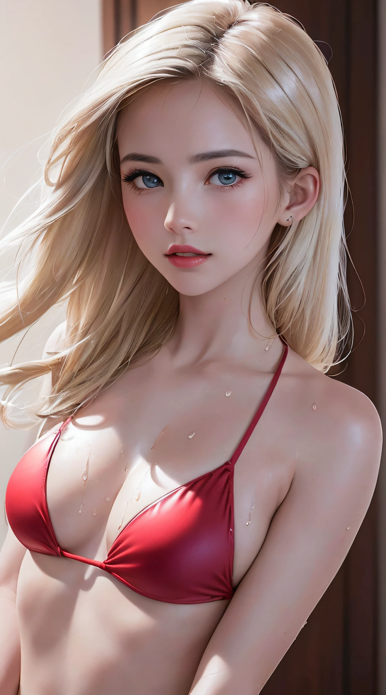 (8K, RAW Photos, of the highest quality, Masterpieces: 1.2), (Realistic, Photorealistic: 1.37), Highest Quality, Ultra High Resolution, light  leaks, Dynamic lighting, Slim and , (Full body:1.3), (Soft Saturation: 1.6), (Fair skin: 1.2), (Glossy skin: 1.1), Oiled skin, 22 years old, Night, shiny white blonde, Well-formed, Hair fluttering in the wind, (Close-up shot of face only:1.2), Physically Based Rendering, From multiple angles, all-fours, Chest sheer, (Smaller chest:1.2), cleavage of the breast, Lower breast, (Transparent costume:1.3), Not wearing a cloak, Beautiful eyes,Break HA,(8K, RAW Photos, of the highest quality, Masterpieces: 1.2), (Realistic, Photorealistic: 1.37), Highest Quality, Ultra High Resolution, focused eyes, light  leaks, Dynamic lighting, Slim and , (Full body:1.3), (Soft Saturation: 1.6), (Fair skin: 1.2), (Glossy skin: 1.1), (Oiled skin:1.2), 18 years old, Night, plein air, Strong morning light from the front, BREAK, shiny white blonde, Well-formed, Hair fluttering in the wind, (Close-up shot of face only:1.2), Physically Based Rendering, From multiple angles, (Cute:1.2), Beautiful hair blown in the wind, all-fours, Chest sheer, Well equipped, Sheer, Transparent, Glittering Gemstones, beautiful body shape, it is a feature , BREAK, Hair volume decreases towards the ends of the hair, Beautiful skin without blemishes, (Thin shiny red little bikini:1.2), Sparkly lips, The air is clear, shiny white blonde hair, Farbe々Light comes in from the direction, Hair through intense light, (Erotic:1.3), (Bare chest:1.2), (Small breasts:1.2), Under the breasts, narrowwaist, narrow shoulders, gazing at viewer, Big smile, spring, Bathing, Very small cloth, thighs thighs thighs thighs, Put your hands on your chest with embarrassment and embarrassment,it is raining、I'm soaked, kiss-shaped lips, moist, Wet eyes