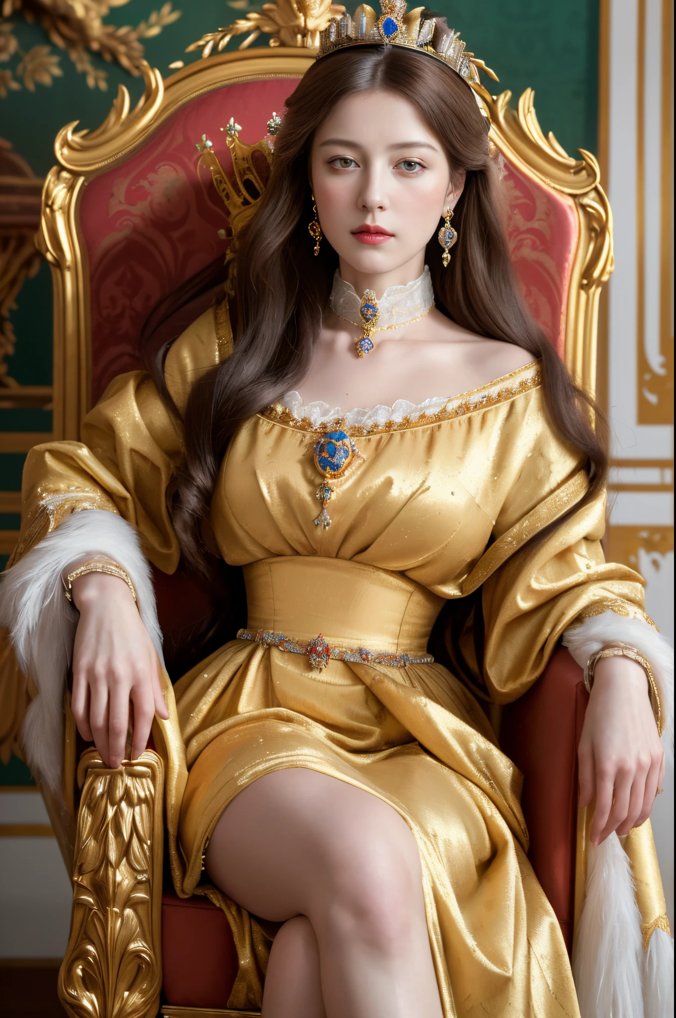 (best quality,4k,8k,highres,masterpiece:1.2),ultra-detailed,(realistic,photorealistic,photo-realistic:1.37), portraits, oil painting, vibrant colors, regal atmosphere, elegant queen, Catherine II,Female emperor, elegant posture, regal outfit, powerful and confident expression, beautiful detailed eyes, beautiful detailed lips, intricate crown, luxurious throne, 1800,Empress of Tsarist Russia,The historical style of the period of tsarist Russia,