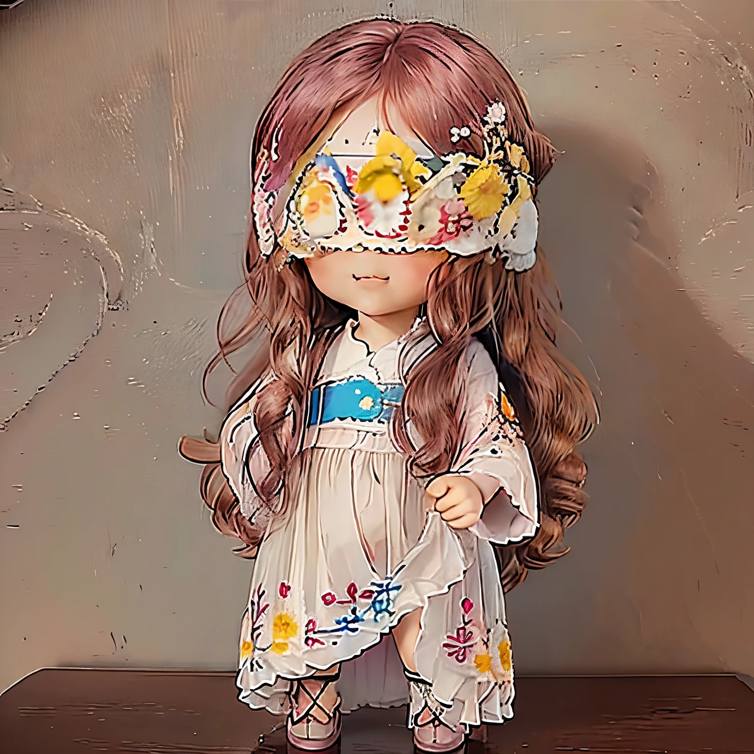 ​masterpiece、top-quality、ultra-detailliert、(Chibi Chara's Daughter:1.3)、(Luxury blindfold with floral embroidery:1.3)、Blue Long Hair、Pink long coat、Open your mouth and smile、Full-body standing figure