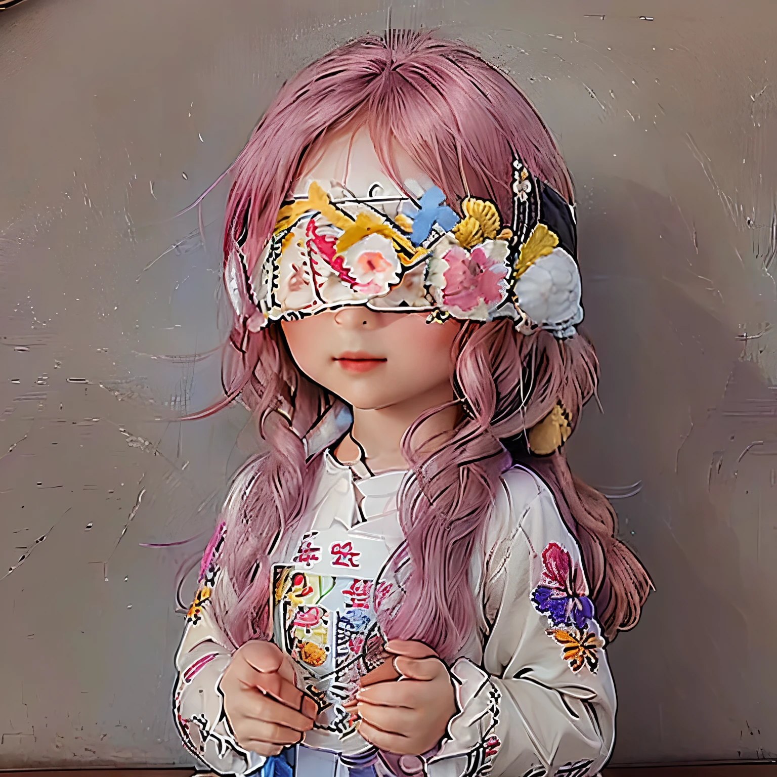 ​masterpiece、top-quality、ultra-detailliert、(Chibi Chara's Daughter:1.3)、(Luxury blindfold with floral embroidery:1.3)、Blue Long Hair、Pink long coat、Open your mouth and smile、Full-body standing figure