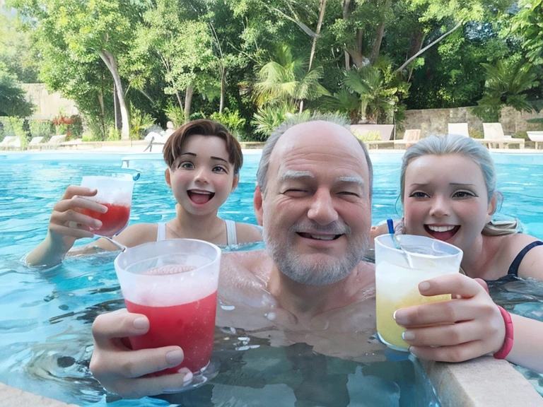 Happy family in swimming pool having drinks and fun