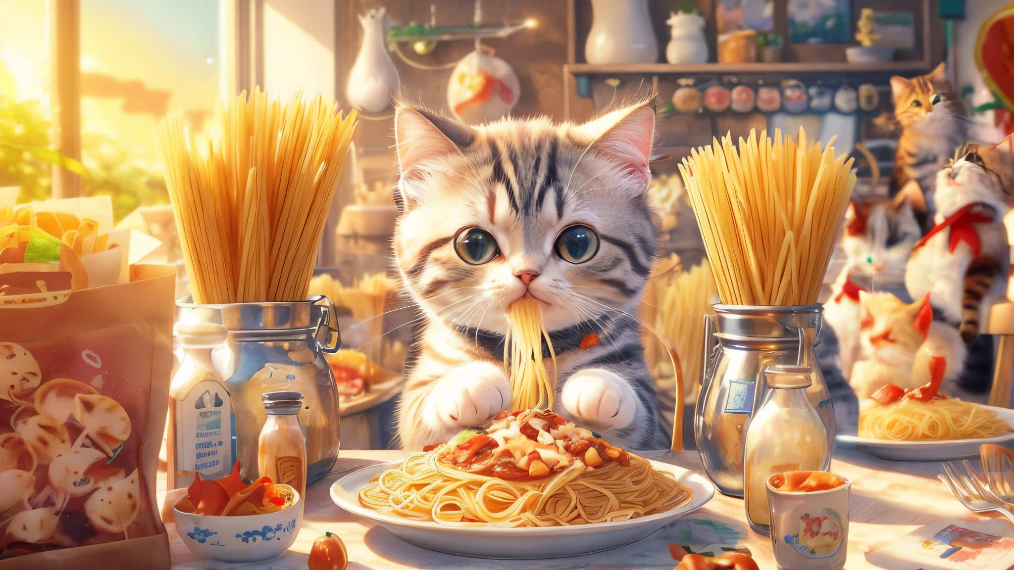 A cat is sitting at a table with spaghetti and other food, Adorable Digital Painting, anime visual of a cute cat, cute detailed digital art, Always eat pasta, Cute digital art, cute detailed artwork, eating spaghetti, cute 3d render, ❤🔥🍄🌪, super realistic food picture, Amazing food illustrations, cat eating, cute artwork