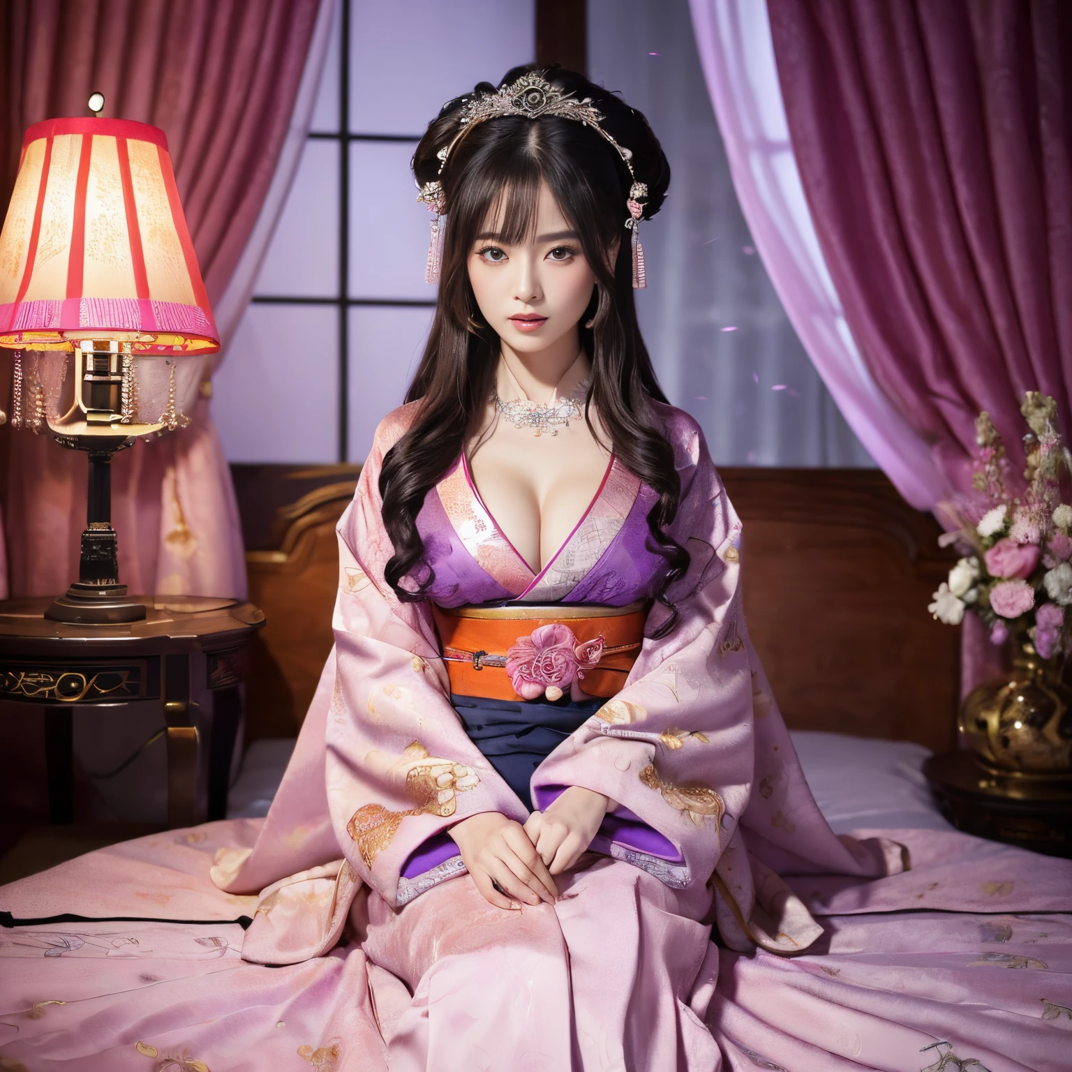 (top-quality、masutepiece、8K、Top image quality、Highly complex and detailed depictions)、prostitute goddess、Ultimate luxury with everything you can imagine、(The most gorgeous pink and purple giant long-sleeved kimono:1.2)、(The most gorgeous and huge goddess furisode:1.1)、cleavage of the breast、(Surrounded by pink and purple curtains:1.3)、(The most luxurious and elaborately decorated curtains:1.2)、(The most detailed and complex textures:1.1)、Sitting on a big bed、(bed completely surrounded by curtains:1.3)、(Blurry distant view:1.3)、(Very romantic atmosphere:1.3)、(Look at me and smile:1.2)、(Tindall Effect:1.3)、(Upper body photo:1.1)、Sit on the most gorgeous bed、artistic décor、(Get intense, moody lighting in one lamp:1.5)、(Light source is only one lamp:1.5)、Large amount of jewelry decoration、The most luxurious and huge tiara、big pink and purple kimono、Very complex decoration、royal、(accurate ???????:1.2)、(Accurate and perfect seating position:1.1)、big nice bed、Frontal close-up、(Symmetrical composition:1.3)、(Sit facing the front:1.3)、(Front composition:1.3)、(Highly saturated:1.2)