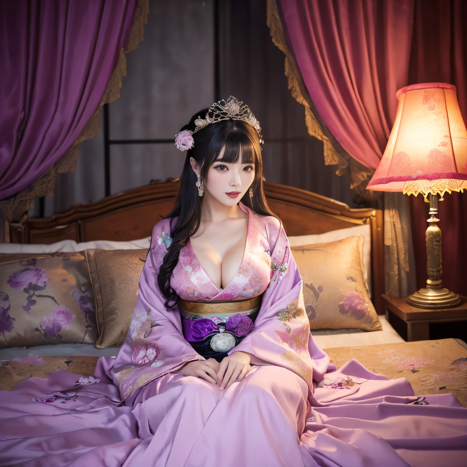 (top-quality、masutepiece、8K、Top image quality、Highly complex and detailed depictions)、prostitute goddess、Ultimate luxury with everything you can imagine、(The most gorgeous pink and purple giant long-sleeved kimono:1.2)、(The most gorgeous and huge goddess furisode:1.1)、cleavage of the breast、(Surrounded by pink and purple curtains:1.3)、(The most luxurious and elaborately decorated curtains:1.2)、(The most detailed and complex textures:1.1)、Sitting on a big bed、(bed completely surrounded by curtains:1.3)、(Blurry distant view:1.3)、(Very romantic atmosphere:1.3)、(Look at me and smile:1.2)、(Tindall Effect:1.3)、(Upper body photo:1.1)、Sit on the most gorgeous bed、artistic décor、(Get intense, moody lighting in one lamp:1.5)、(Light source is only one lamp:1.5)、Large amount of jewelry decoration、The most luxurious and huge tiara、big pink and purple kimono、Very complex decoration、royal、(accurate anatomy:1.2)、(Accurate and perfect seating position:1.1)、big nice bed、Frontal close-up、(Symmetrical composition:1.3)、(Sit facing the front:1.3)、(Front composition:1.3)、(Highly saturated:1.2)