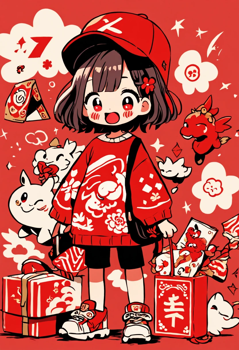 cute doodle, (((Vector illustration style)))，(1 cute little boy，Wearing traditional red hat，Wearing Chinese red clothes，The clothes are painted with golden dragons、Phoenix and other patterns，Highlighting the theme of 2024 as the Year of the Dragon in the Chinese Lunar Calendar)。（The eyes are big，Two small dimples are revealed when blinking，Smile and open your mouth to show your neat teeth，Hand holding red envelope，Big red envelope，The action of sending blessings or receiving lucky money）。（Thick bouncy black curly hair，Wearing a small red flower on the head）。（Red hat with gold trim and embroidery，The clothes have detailed designs such as buttons and embroidery), (((The stands up，Chinese Xiangyun cloth shoes: 1.6, red LED light effect))), (Full body shot: 1.5), ((Chinese element background，Auspicious cloud background)), (pov, first-person view, Ghibli-like colours, Luminism, cinematic lighting, UHD, masterpiece, ccurate, anatomically correct, textured skin, super detail, high details, high quality, award winning, best quality, 4k)