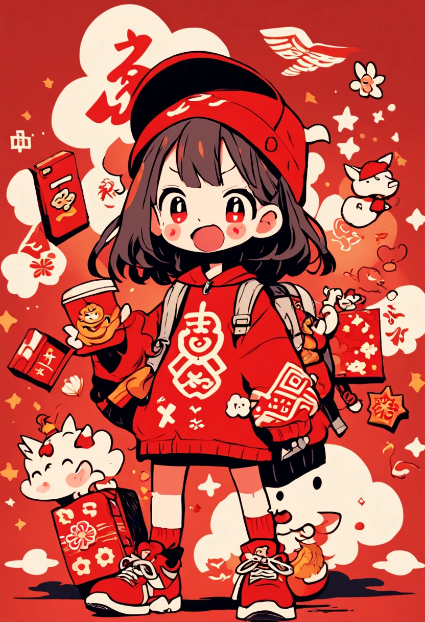 cute doodle, (((Vector illustration style))),(1 cute little boy,Wearing traditional red hat,Wearing Chinese red clothes,The clothes are painted with golden dragons、Phoenix and other patterns,Highlighting the theme of 2024 as the Year of the Dragon in the Chinese Lunar Calendar)。(The eyes are big,Two small dimples are revealed when blinking,Smile and open your mouth to show your neat teeth,Hand holding red envelope,Big red envelope,The action of sending blessings or receiving lucky money)。(Thick bouncy black curly hair,Wearing a small red flower on the head)。(Red hat with gold trim and embroidery,The clothes have detailed designs such as buttons and embroidery), (((The stands up,Chinese Xiangyun cloth shoes: 1.6, red LED light effect))), (Full body shot: 1.5), ((Chinese element background,Auspicious cloud background)), (pov, first-person view, Ghibli-like colours, Luminism, cinematic lighting, UHD, masterpiece, ccurate, anatomically correct, textured skin, super detail, high details, high quality, award winning, best quality, 4k)