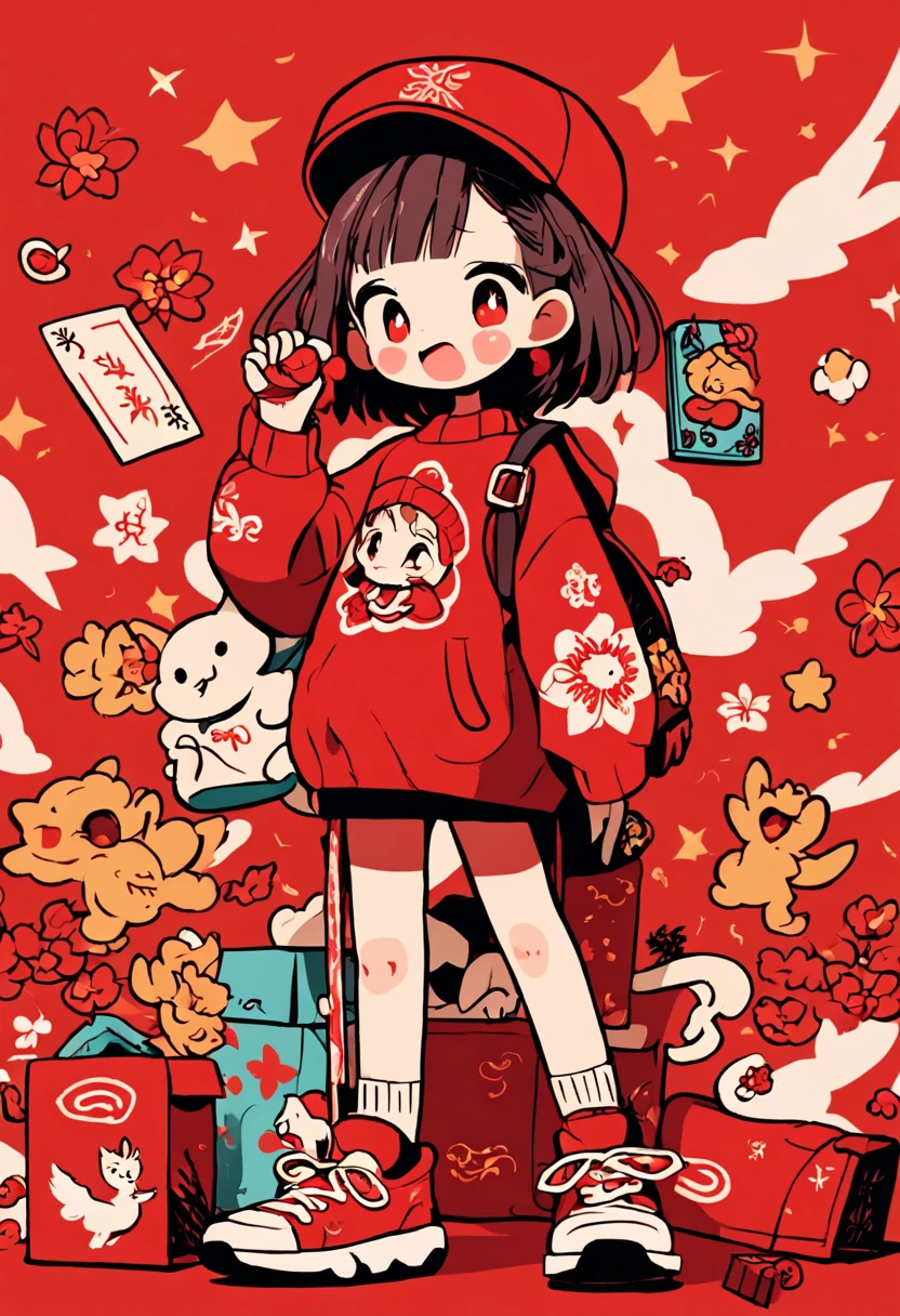 cute doodle, (((Vector illustration style))),(1 cute ,Wearing traditional red hat,Wearing Chinese red clothes,The clothes are painted with golden dragons、Phoenix and other patterns,Highlighting the theme of 2024 as the Year of the Dragon in the Chinese Lunar Calendar)。(The eyes are big,Two small dimples are revealed when blinking,Smile and open your mouth to show your neat teeth,Hand holding red envelope,Big red envelope,The action of sending blessings or receiving lucky money)。(Thick bouncy black curly hair,Wearing a small red flower on the head)。(Red hat with gold trim and embroidery,The clothes have detailed designs such as buttons and embroidery), (((The stands up,Chinese Xiangyun cloth shoes: 1.6, red LED light effect))), (Full body shot: 1.5), ((Chinese element background,Auspicious cloud background)), (pov, first-person view, Ghibli-like colours, Luminism, cinematic lighting, UHD, masterpiece, ccurate, anatomically correct, textured skin, super detail, high details, high quality, award winning, best quality, 4k)